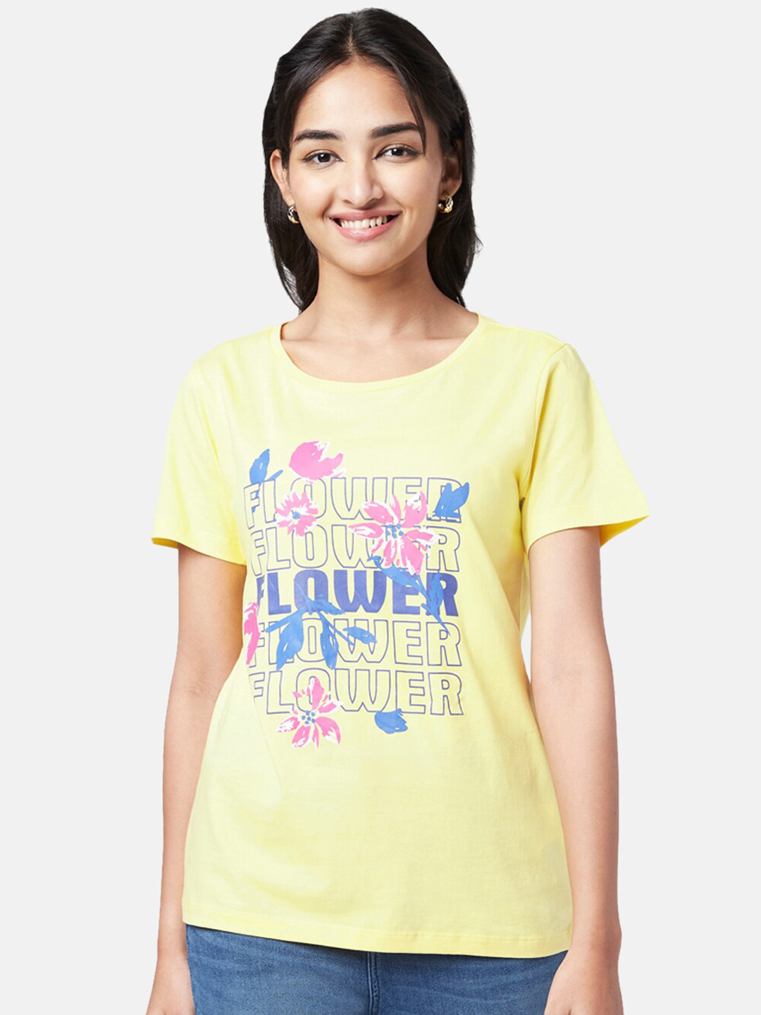 

YU by Pantaloons Women Typography Printed Cotton T-shirt, Yellow