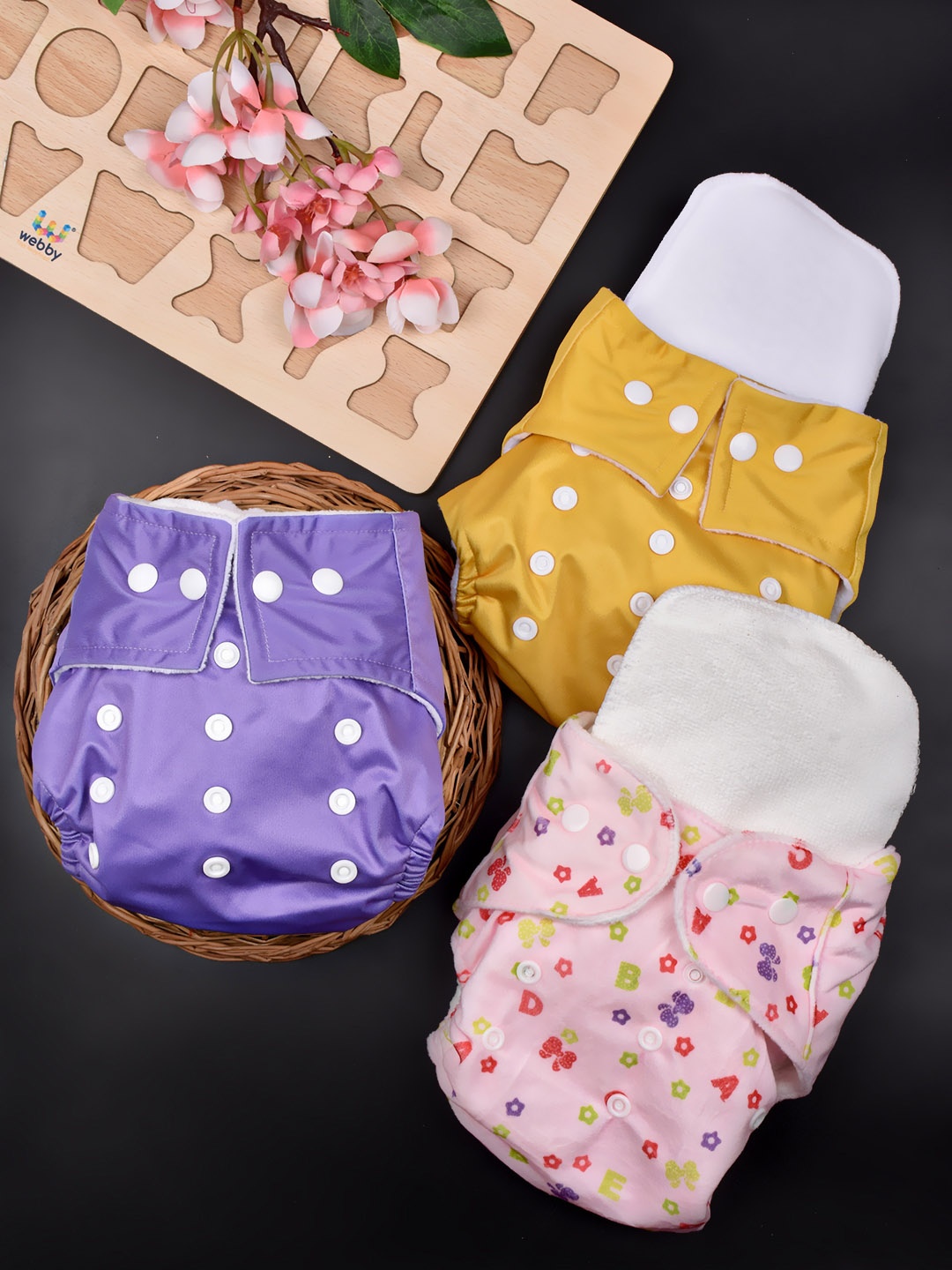 

Moms Home Infants Set Of 3 Adjustable & Reusable Cotton Pocket Diapers With 3 Inserts, Purple