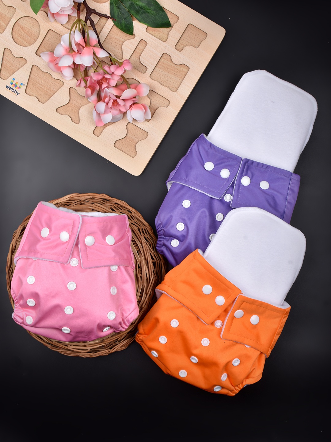

Moms Home Infants Set Of 3 Adjustable & Reusable Cotton Pocket Diapers With 3 Inserts, Pink
