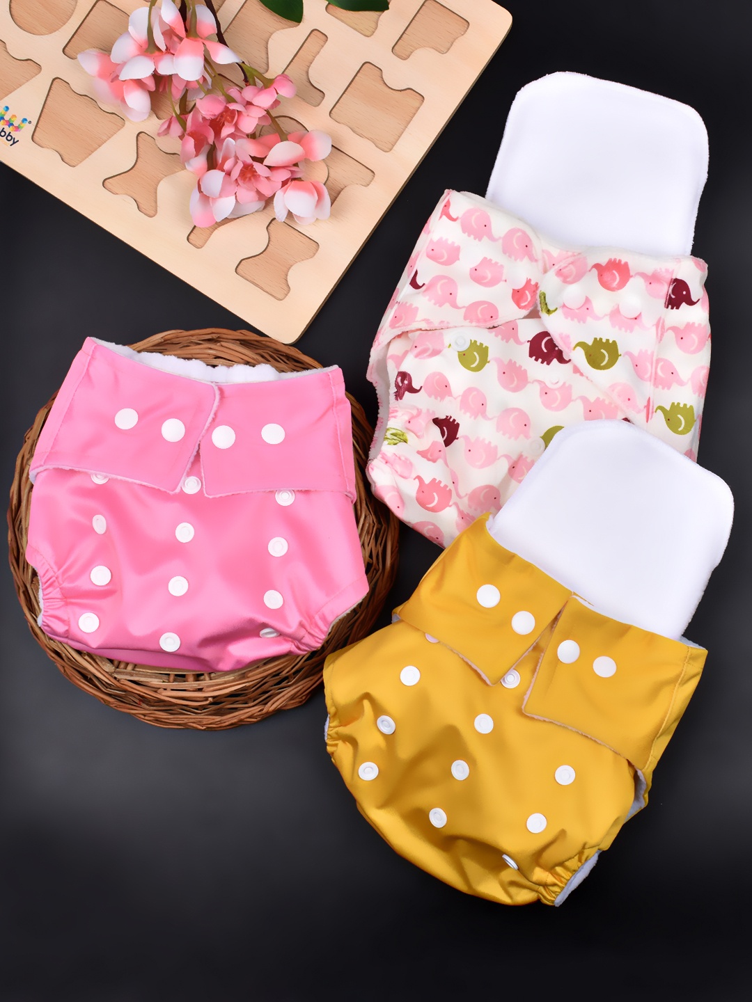 

Moms Home Infants Set Of 3 Adjustable & Reusable Cotton Pocket Diapers With 3 Inserts, Pink