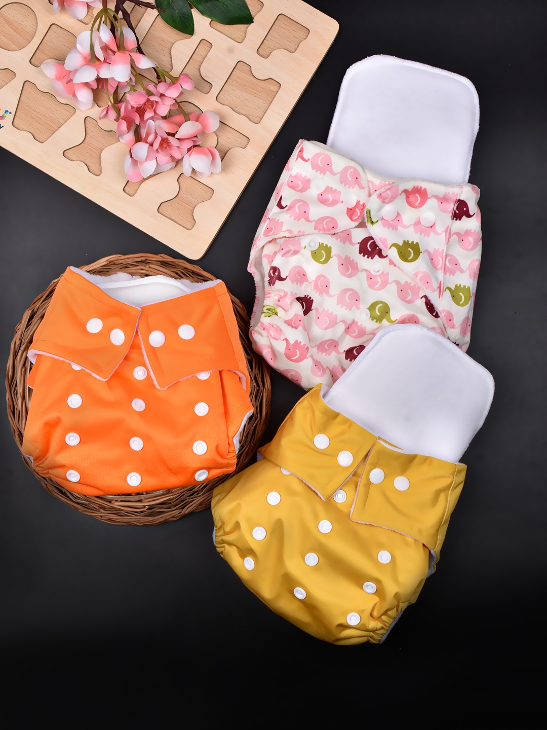 

Moms Home Infants Set Of 3 Adjustable & Reusable Cotton Pocket Diapers With 3 Inserts, Pink