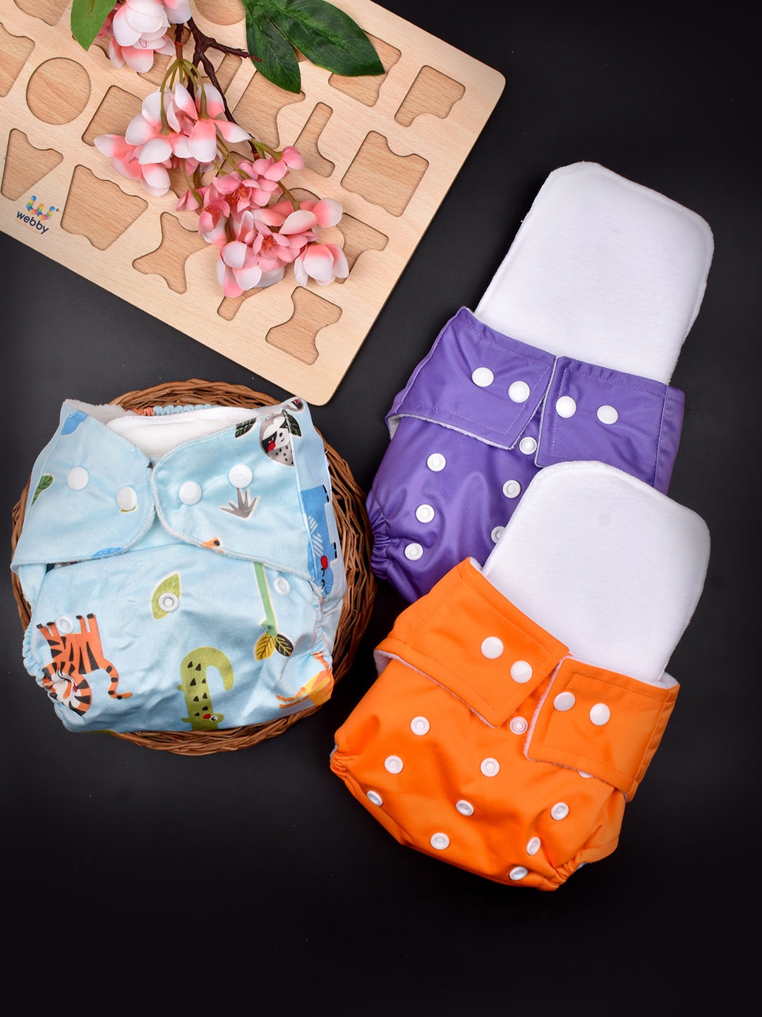 

Moms Home Infants Set Of 3 Adjustable & Reusable Cotton Pocket Diapers With 3 Inserts, Orange