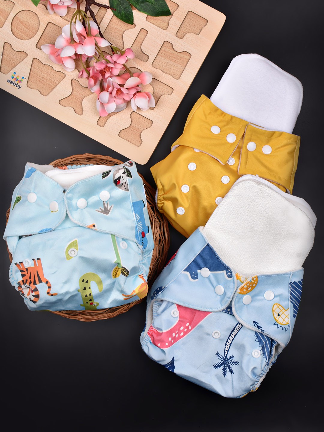 

Moms Home Infants Set Of 3 Adjustable & Reusable Cotton Pocket Diapers With 3 Inserts, Blue