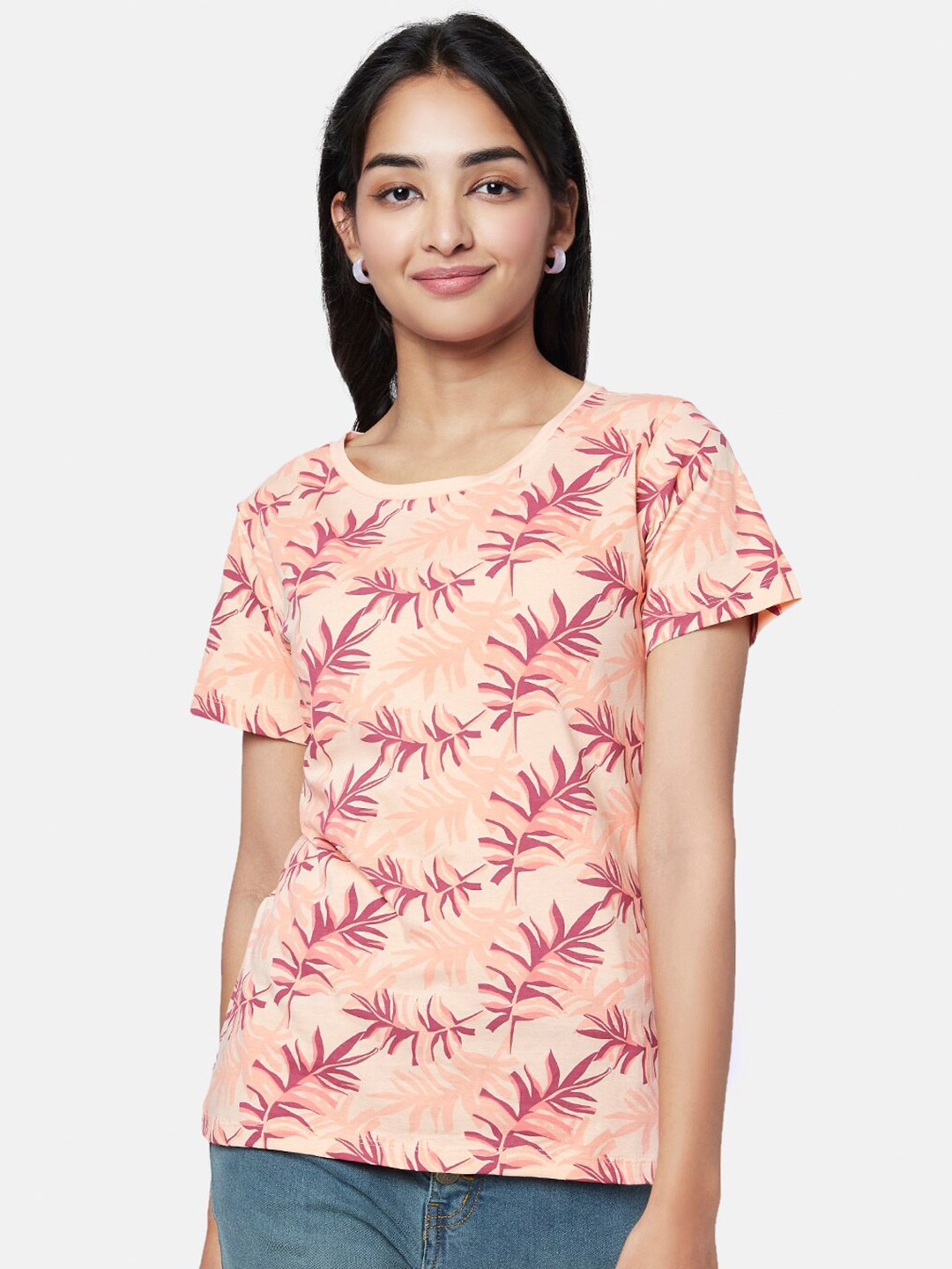 

YU by Pantaloons Women Tropical Printed Cotton T-shirt, Pink