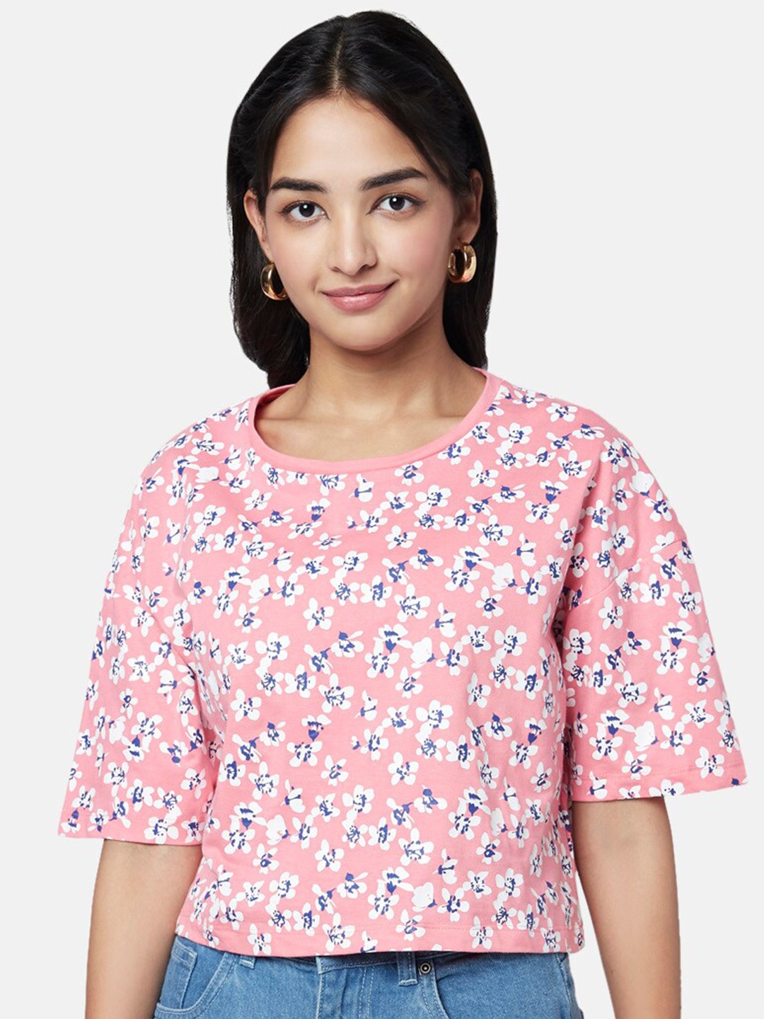 

YU by Pantaloons Women Floral Printed Drop-Shoulder Sleeves Cotton T-shirt, Pink