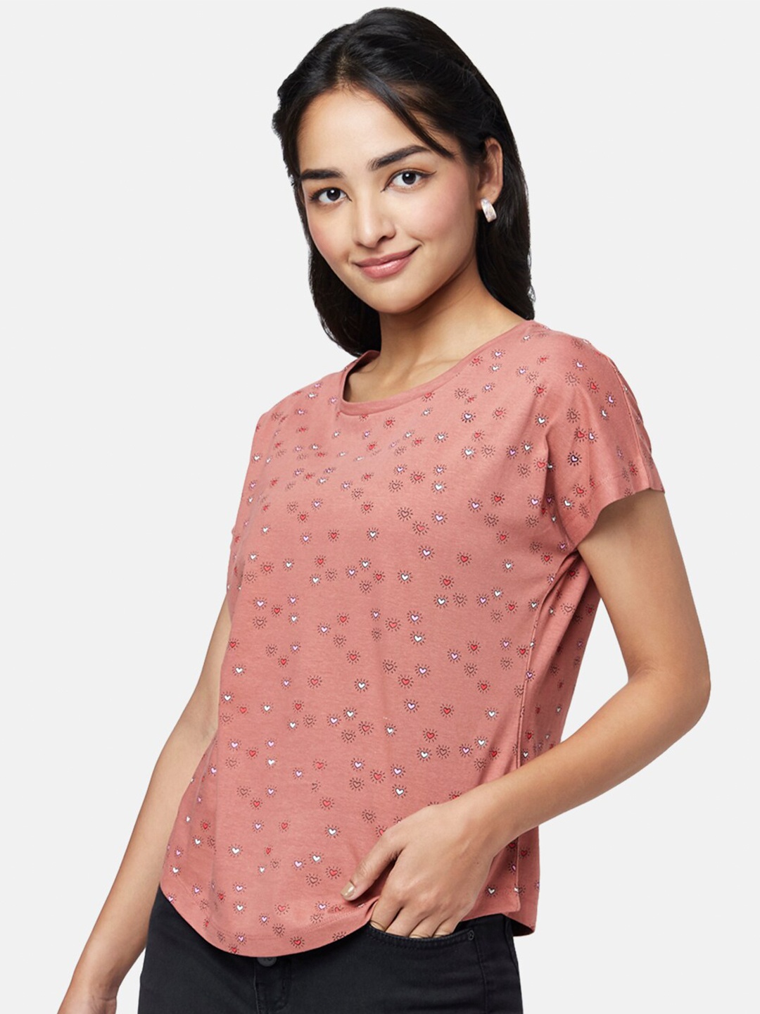 

YU by Pantaloons Women Printed Extended Sleeves Cotton T-shirt, Brown