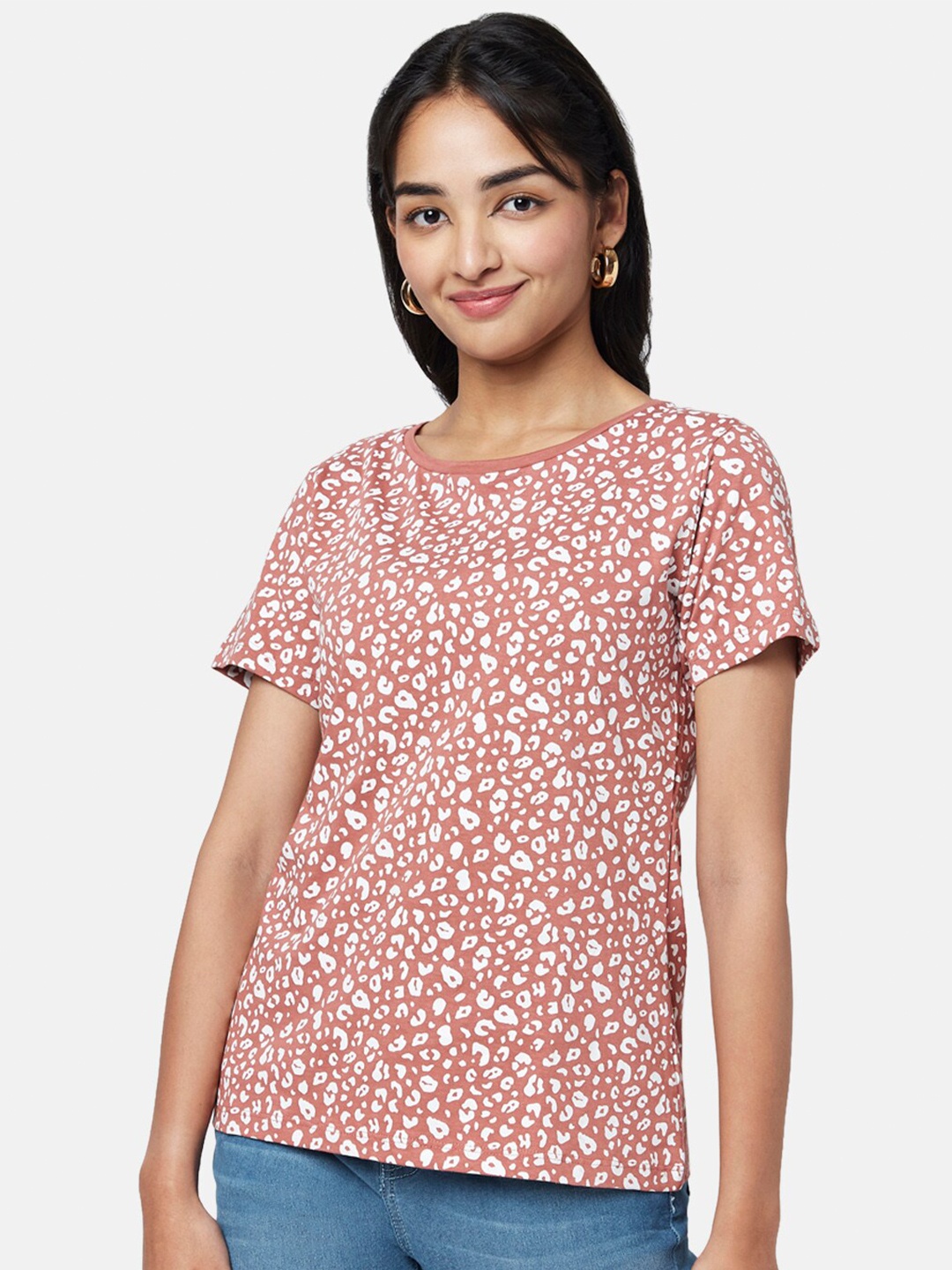 

YU by Pantaloons Women Animal Printed Cotton T-shirt, Brown