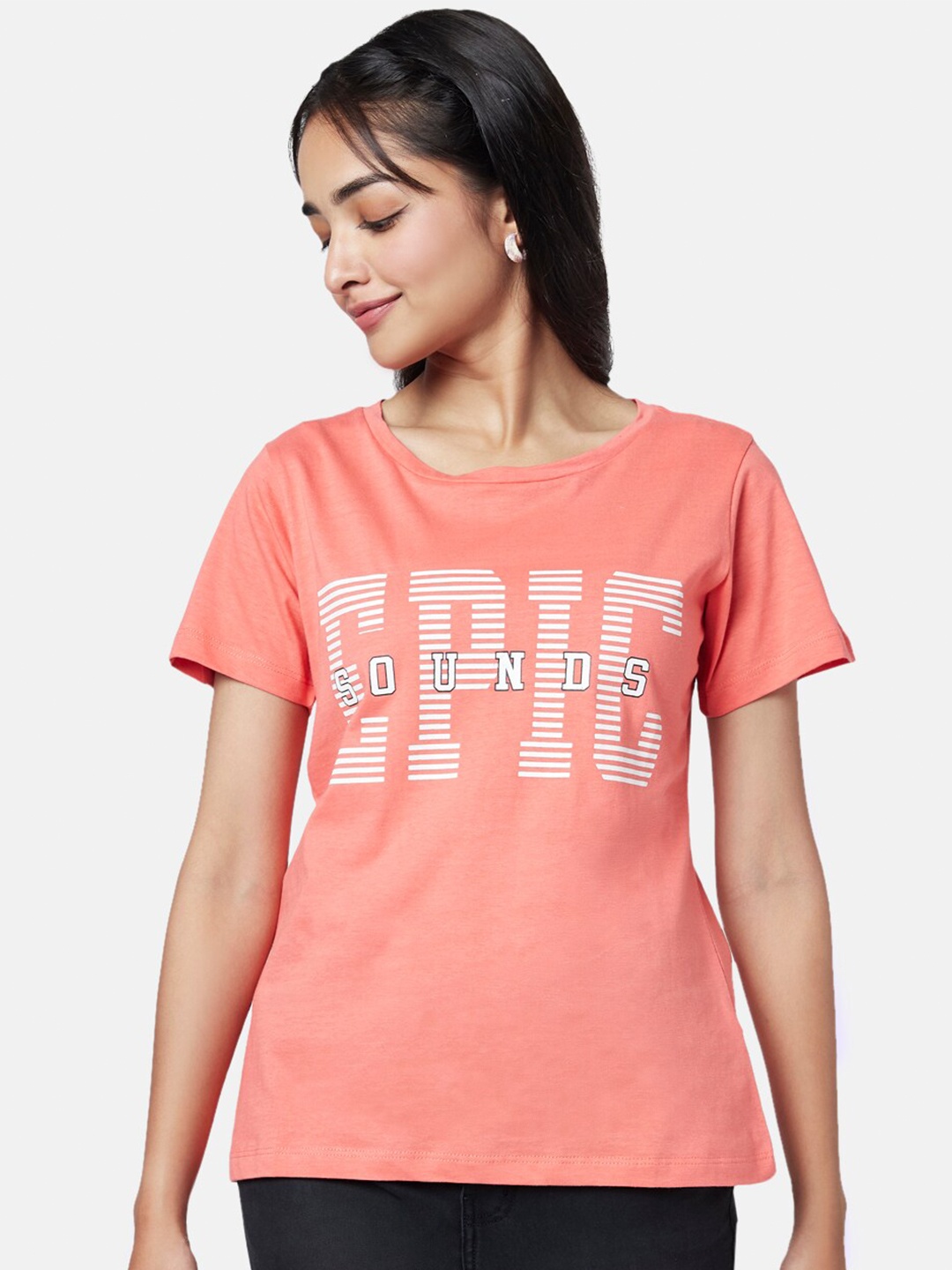 

YU by Pantaloons Women Typography Printed Cotton T-shirt, Coral