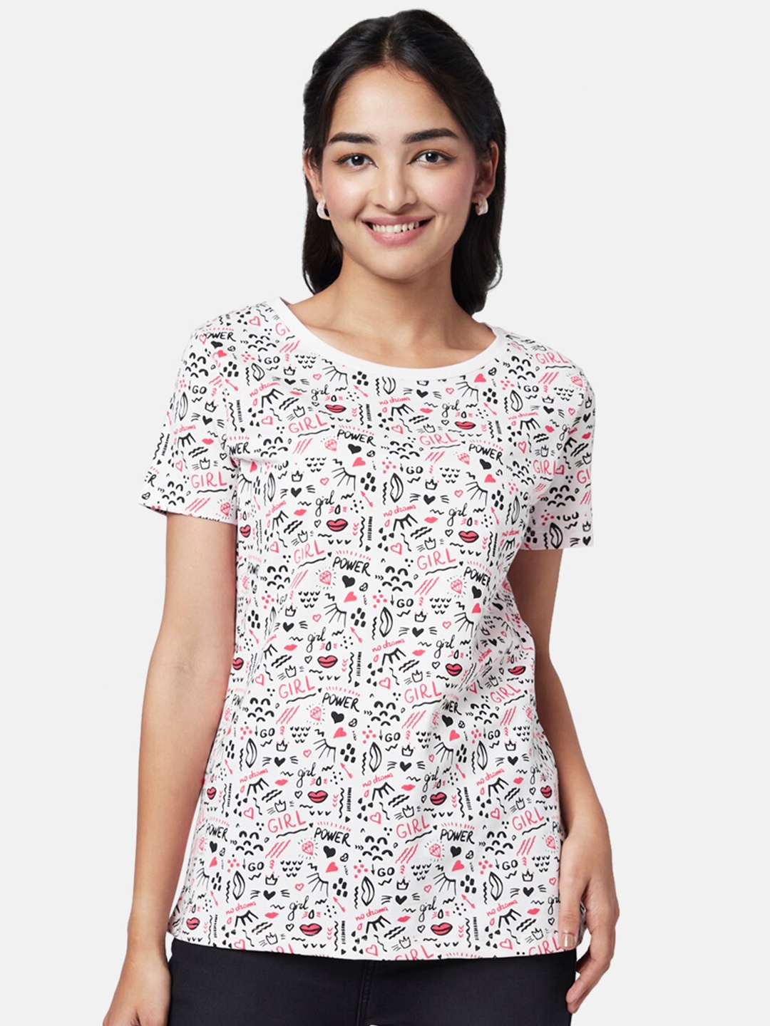 

YU by Pantaloons Women Printed Cotton T-shirt, White