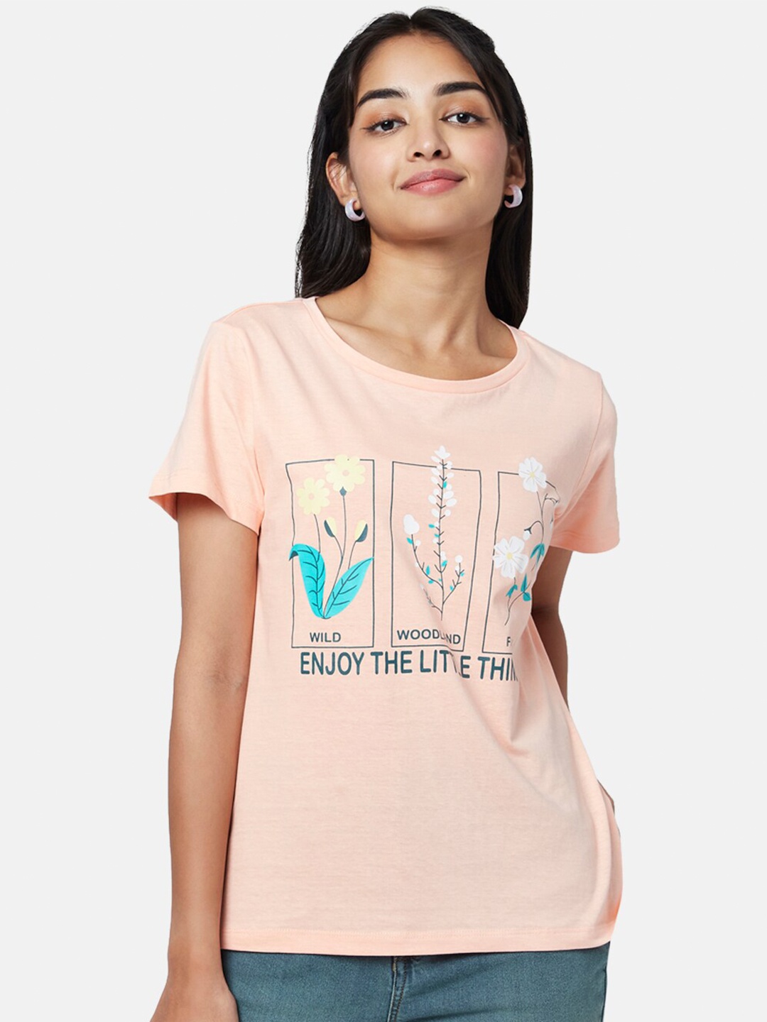 

YU by Pantaloons Women Typography Printed Cotton T-shirt, Peach