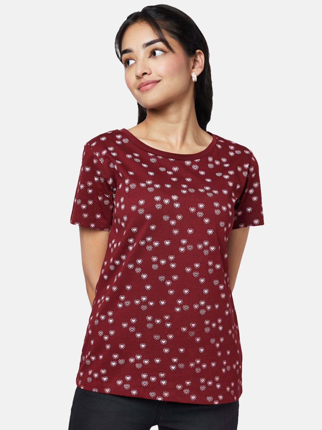 

YU by Pantaloons Women Printed Cotton T-shirt, Coffee brown