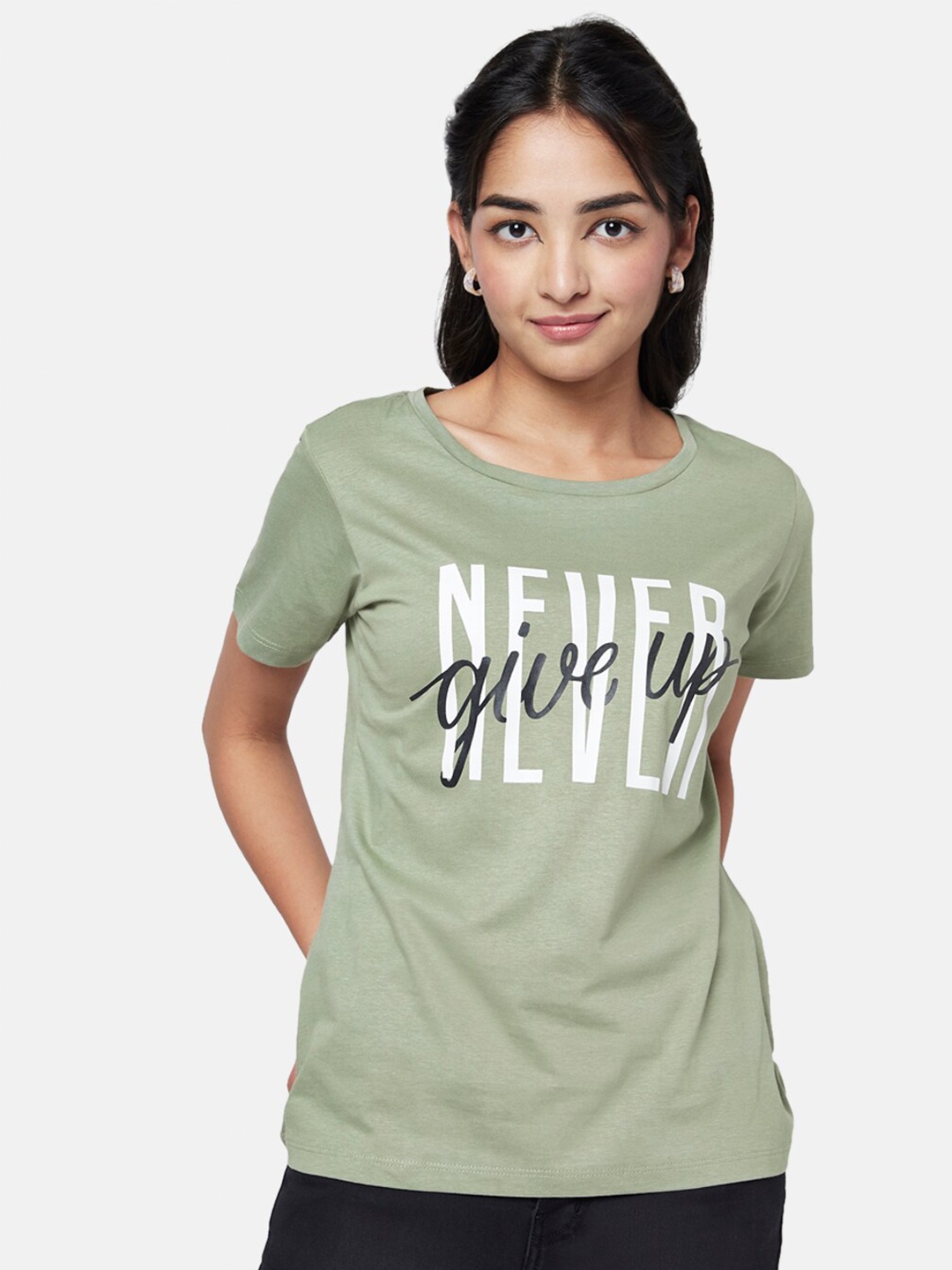 

YU by Pantaloons Women Typography Printed Cotton T-shirt, Olive