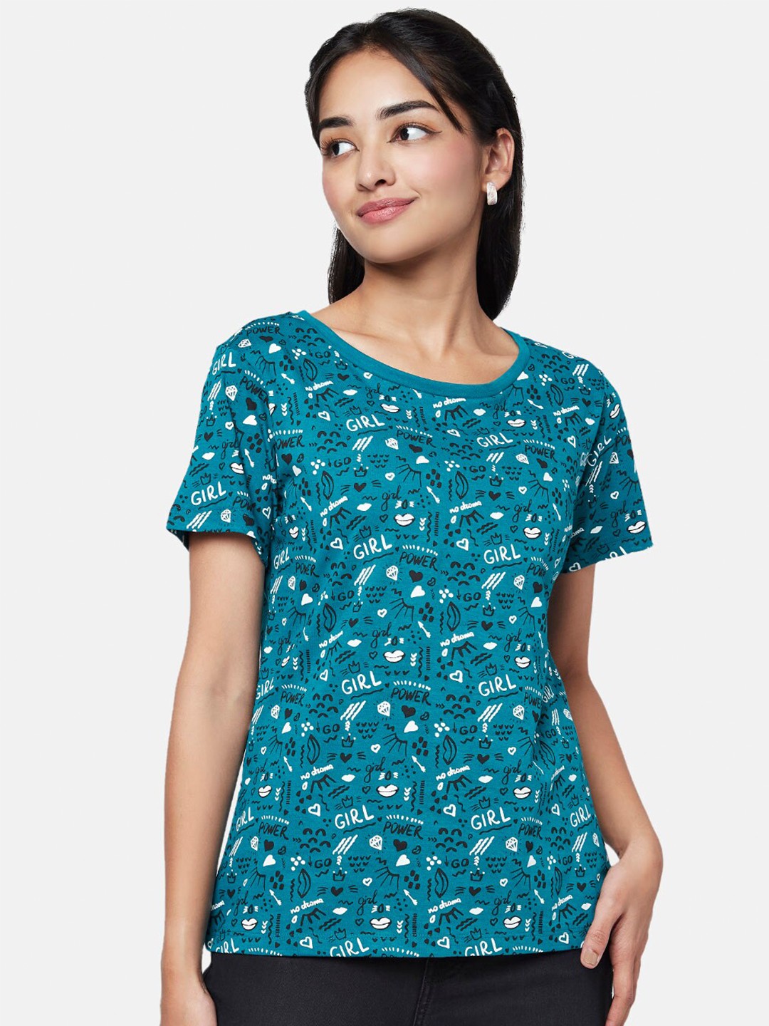 

YU by Pantaloons Women Printed Cotton T-shirt, Teal