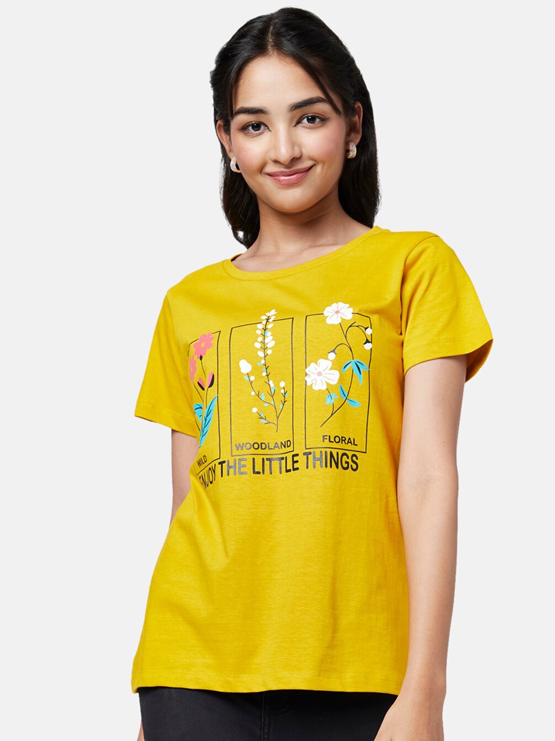 

YU by Pantaloons Women Typography Printed Cotton T-shirt, Mustard