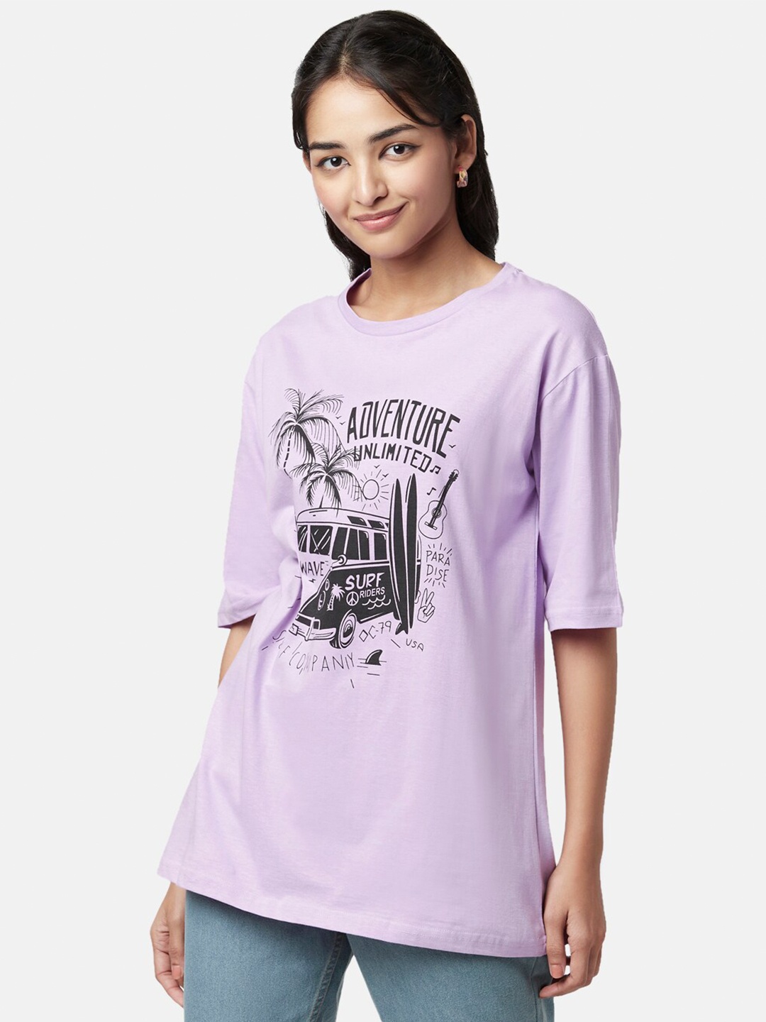 

YU by Pantaloons Women Graphic Printed Cotton T-shirt, Lavender