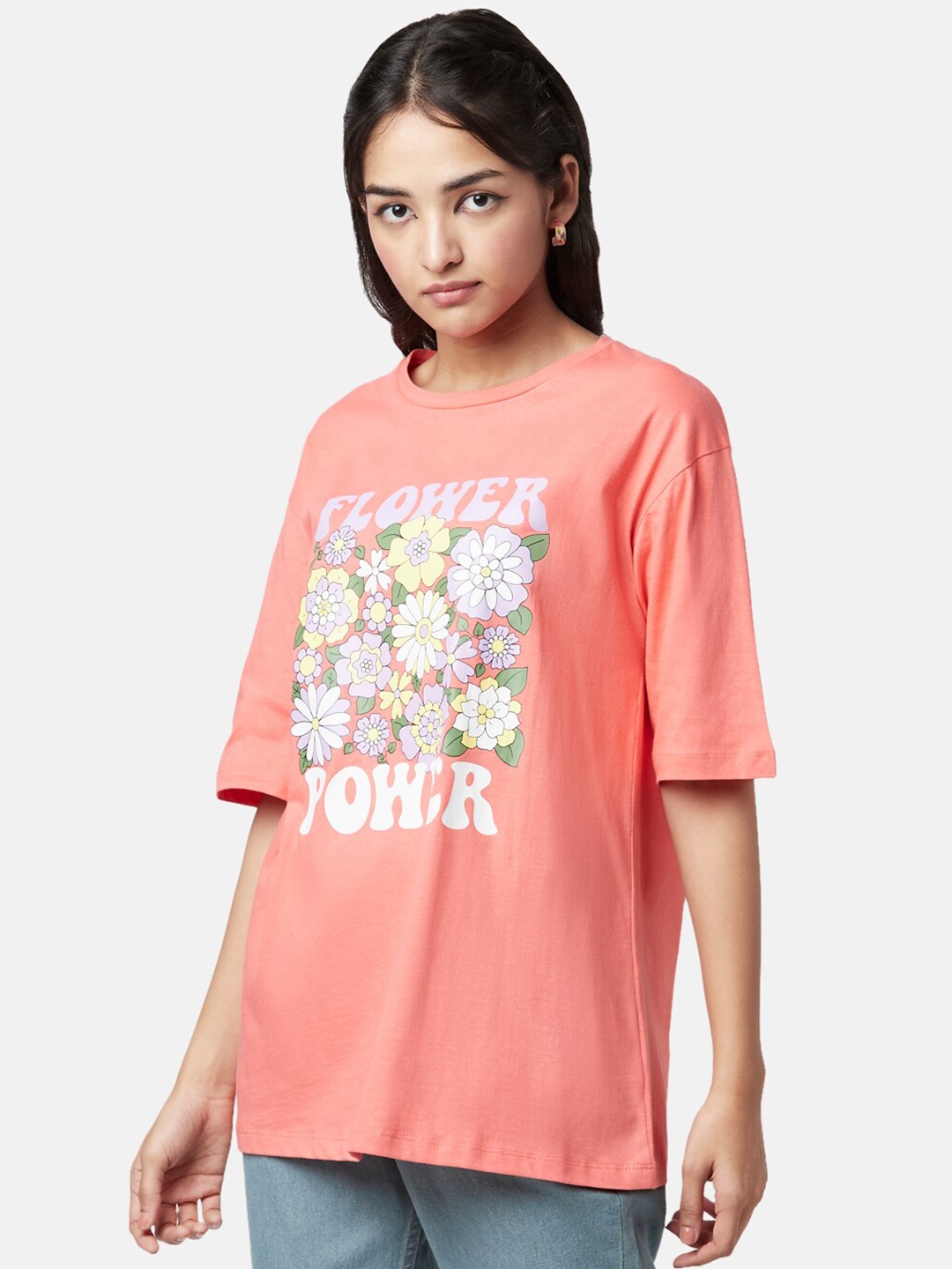 

YU by Pantaloons Women Floral Printed Drop-Shoulder Sleeves Cotton T-shirt, Peach
