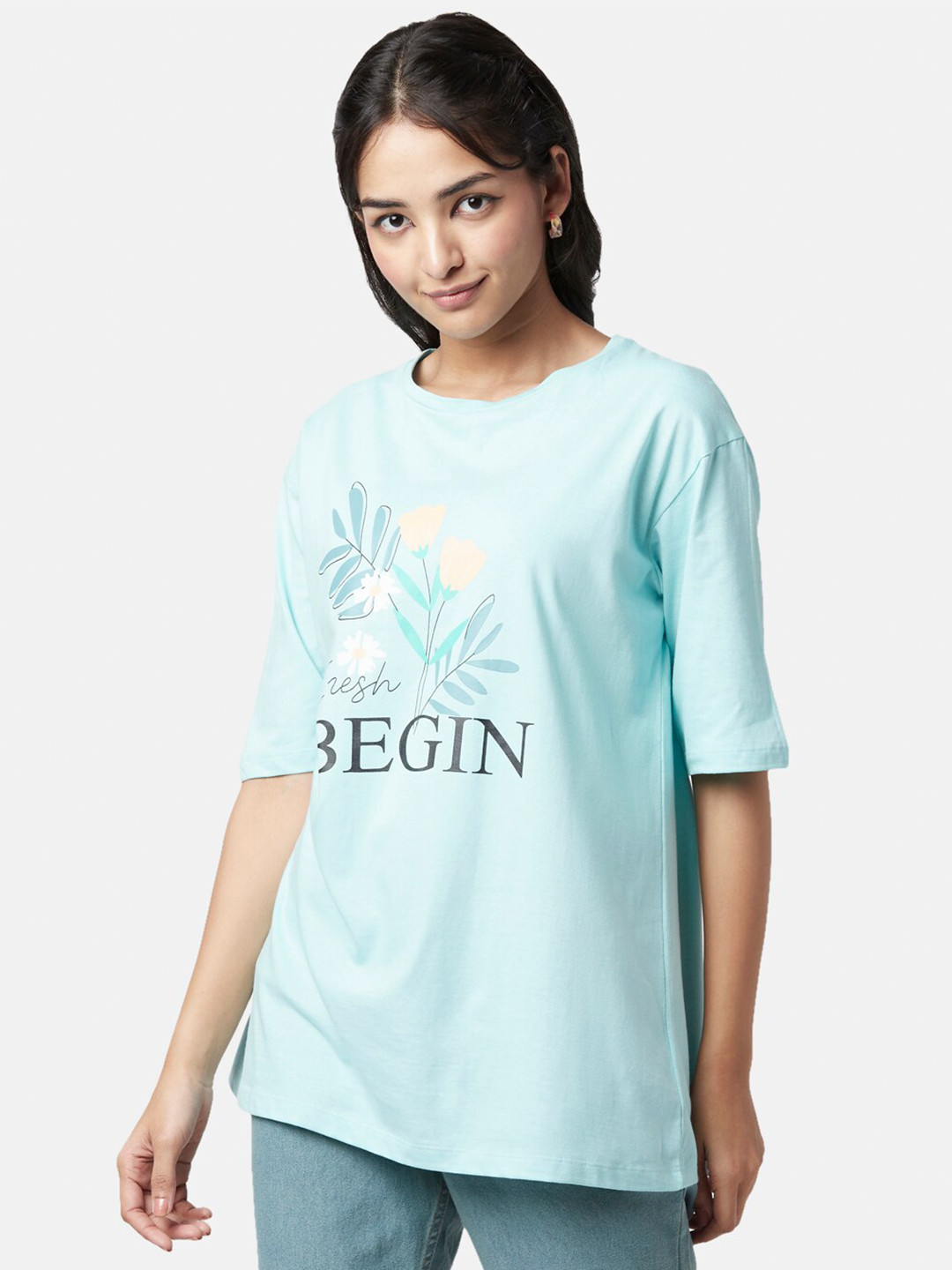 

YU by Pantaloons Women Cotton Typography Printed T-shirt, Blue