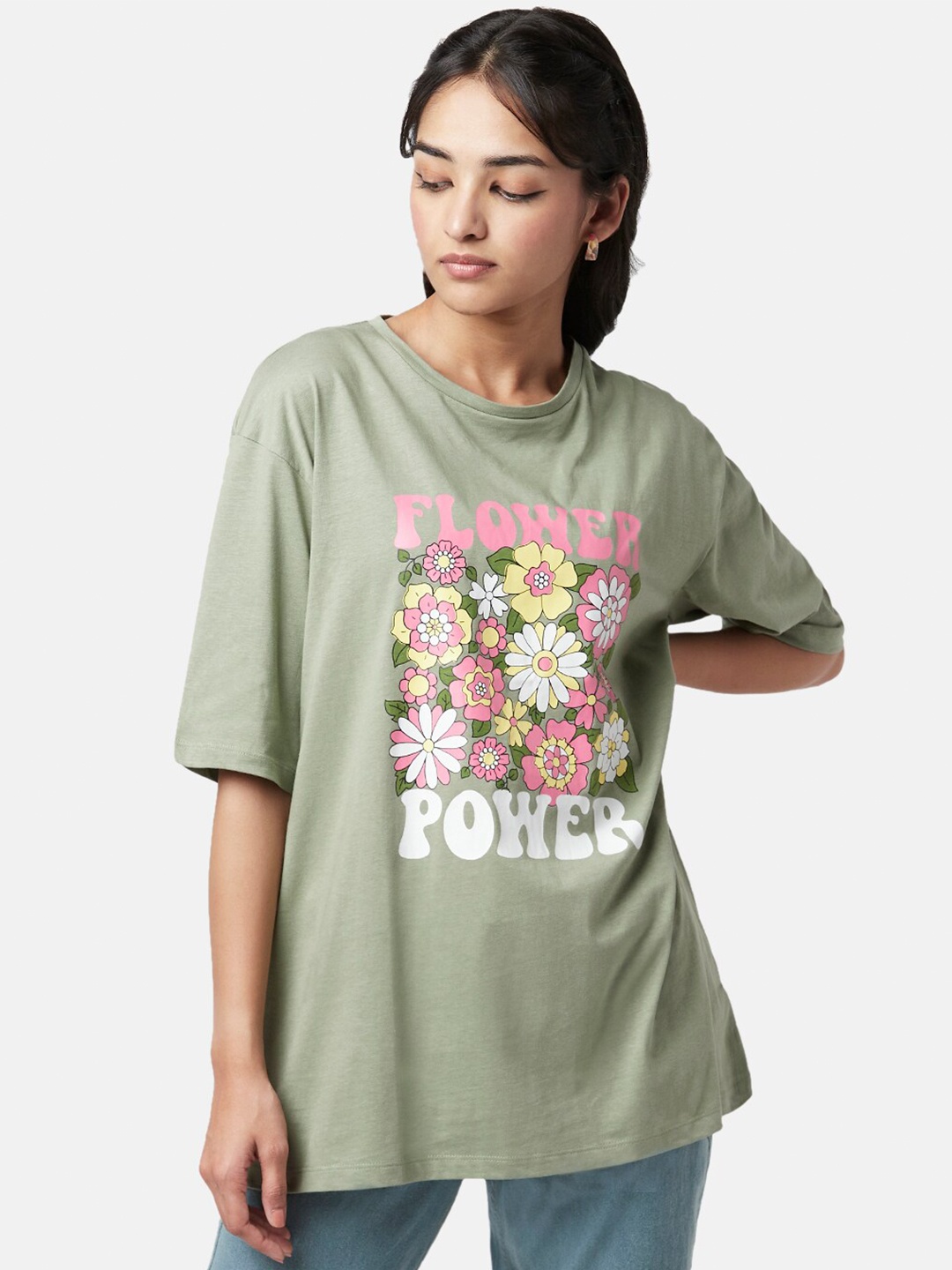

YU by Pantaloons Women Cotton Printed T-shirt, Grey