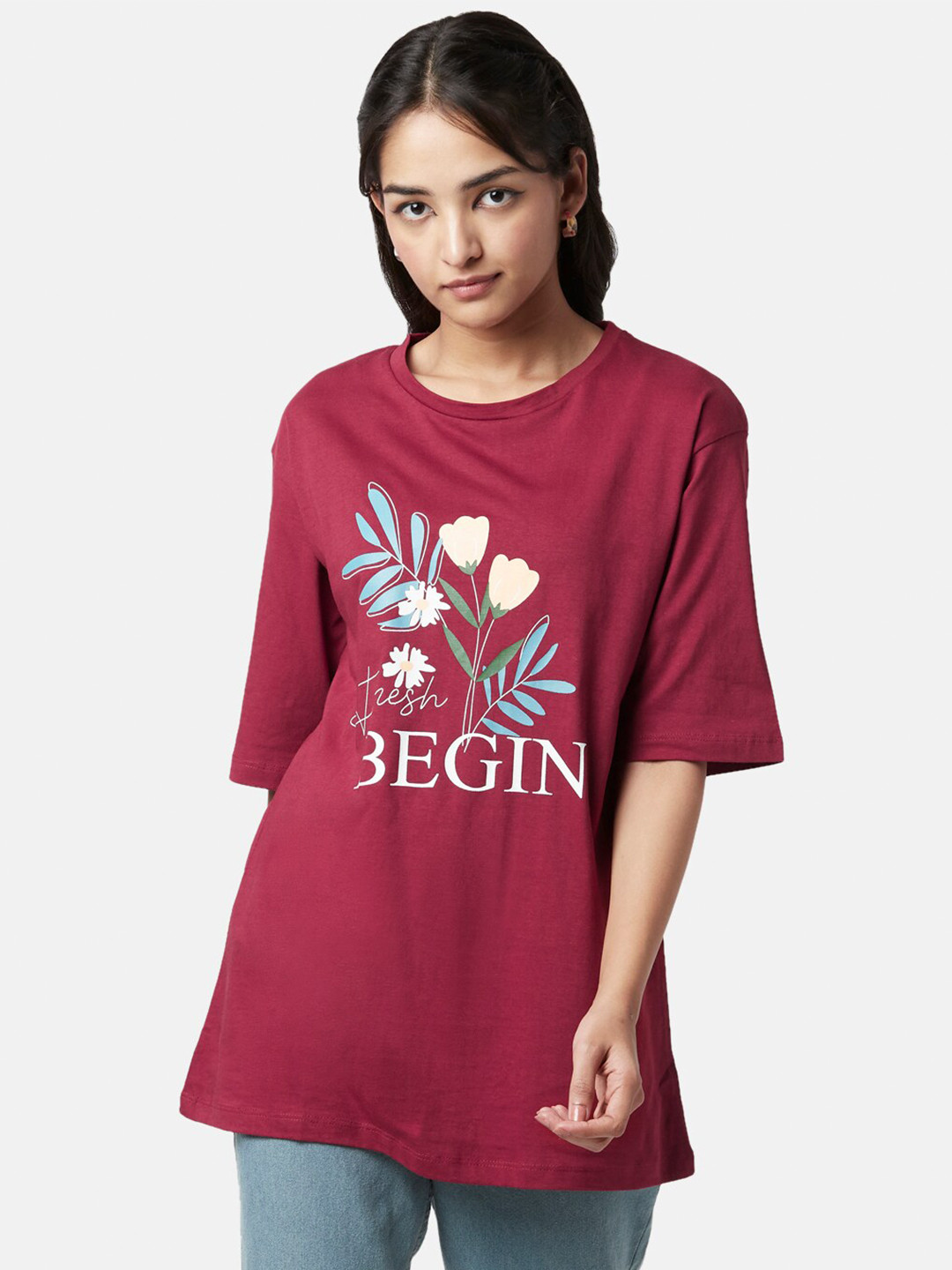 

YU by Pantaloons Women Typography Printed Drop-Shoulder Sleeves Cotton T-shirt, Maroon