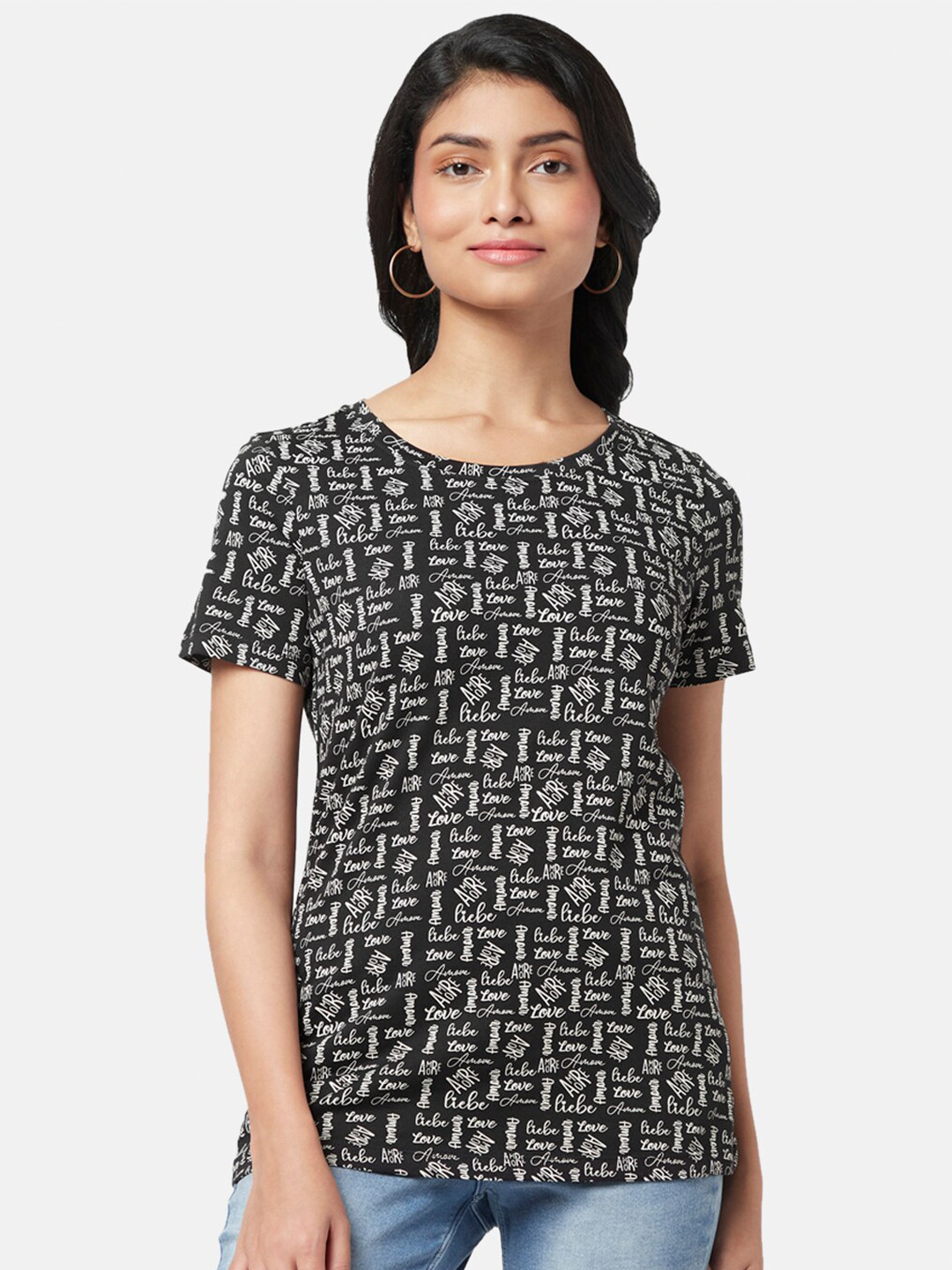 

YU by Pantaloons Women Typography Printed Cotton T-shirt, Black