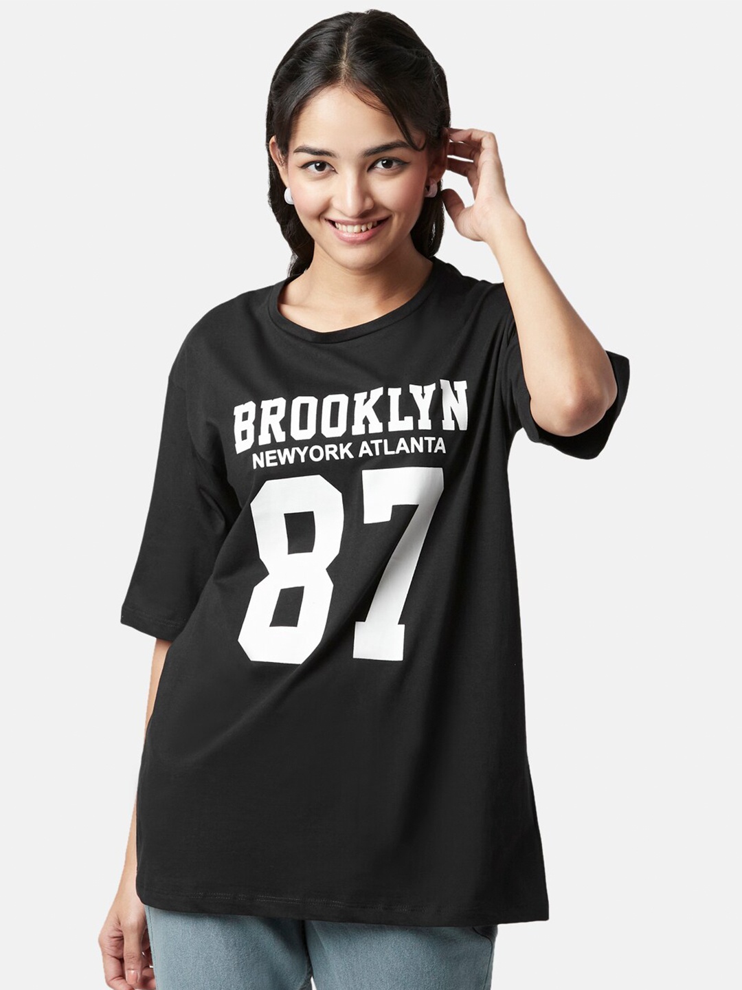 

YU by Pantaloons Women Typography Printed Cotton T-shirt, Black