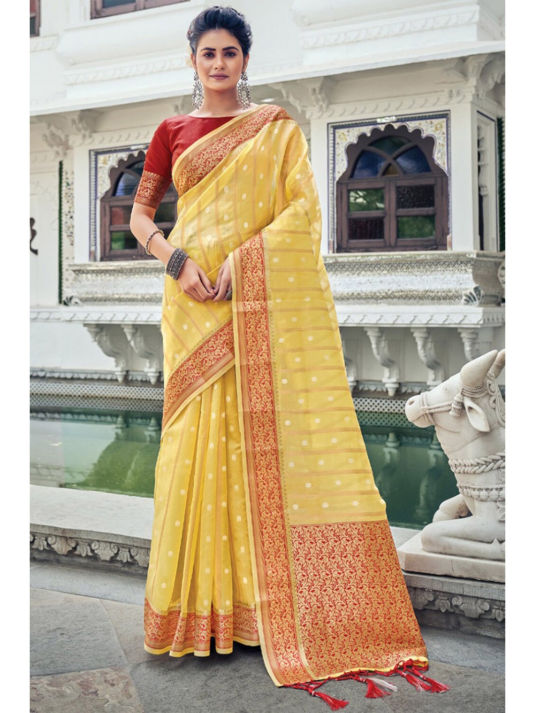 

KARAGIRI Ethnic Motifs Zari Organza Saree, Yellow