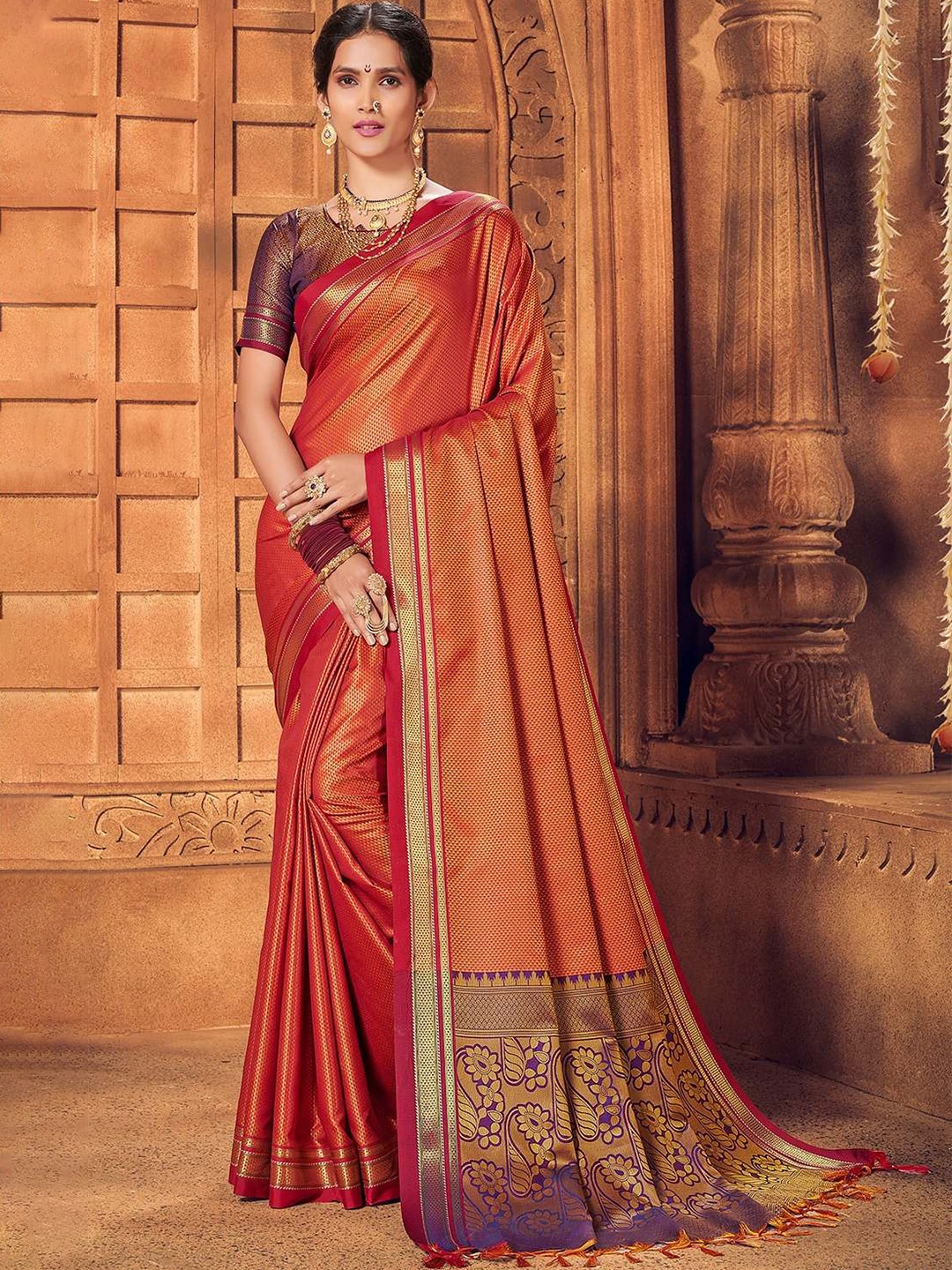 

KARAGIRI Zari Silk Cotton Saree, Red