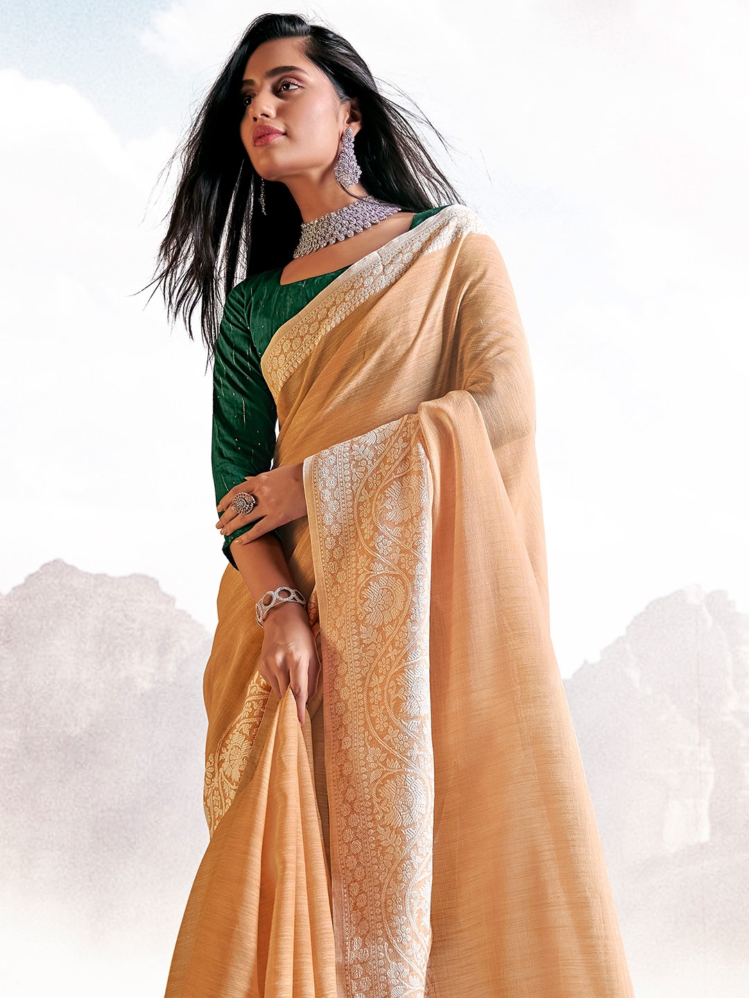 

KARAGIRI Linen Blend Saree, Orange