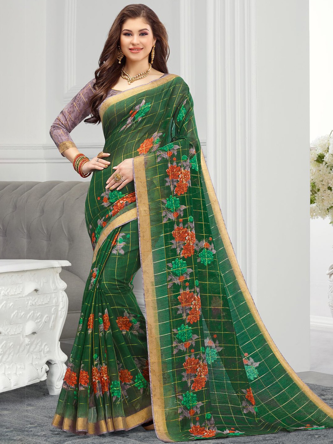 

KARAGIRI Floral Zari Saree, Brown
