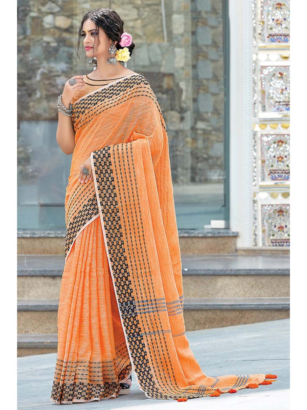 

KARAGIRI Woven Border Saree, Orange