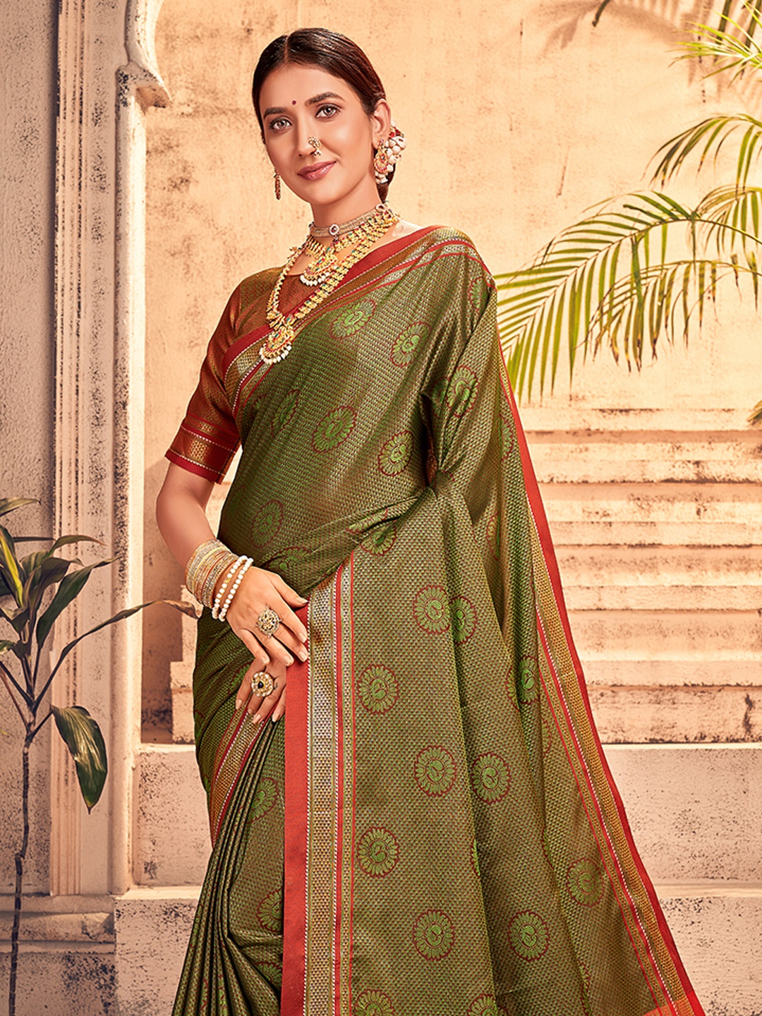 

KARAGIRI Ethnic Motifs Zari Silk Cotton Saree, Green