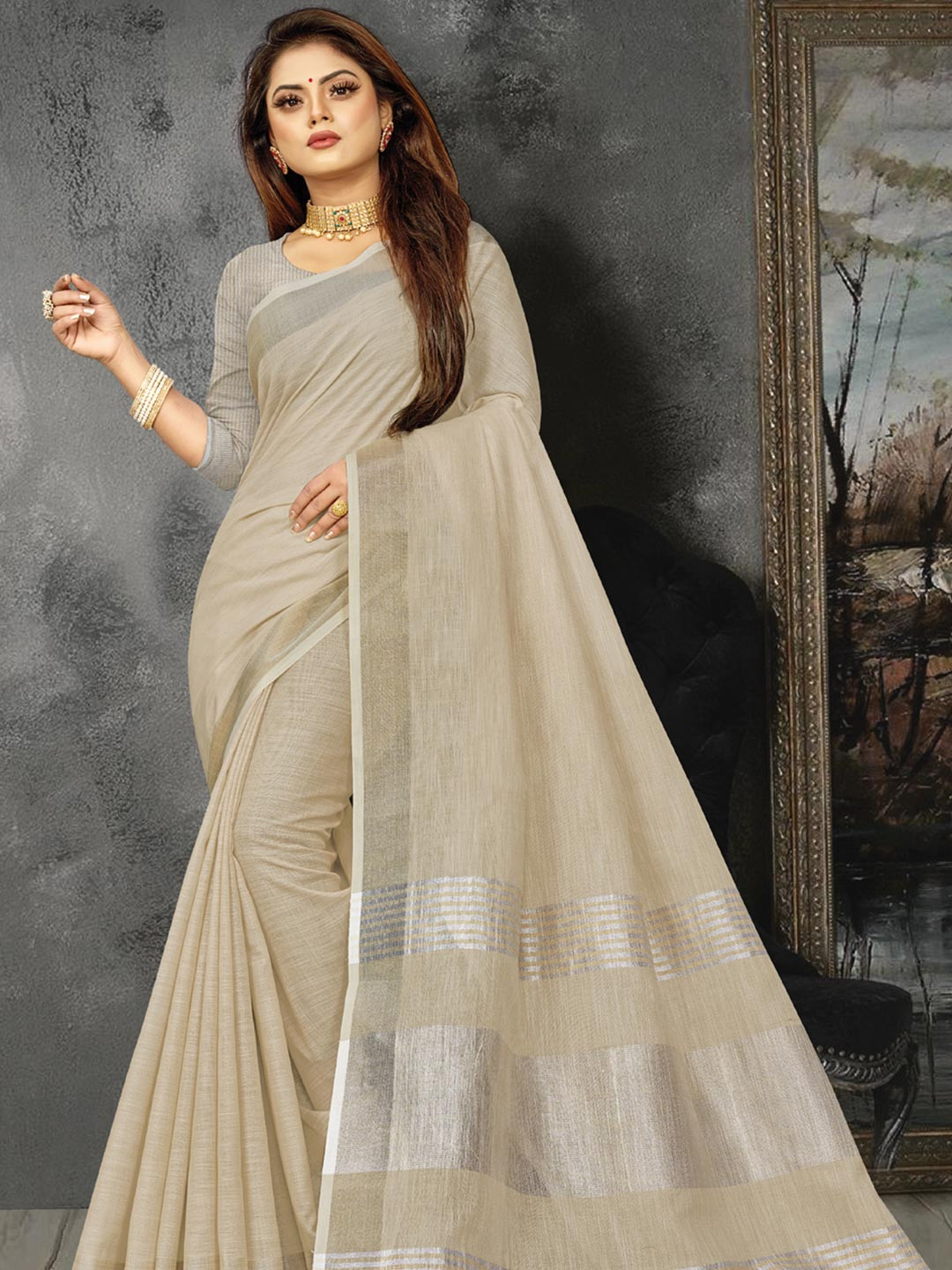 

KARAGIRI Floral Linen Blend Saree, Beige