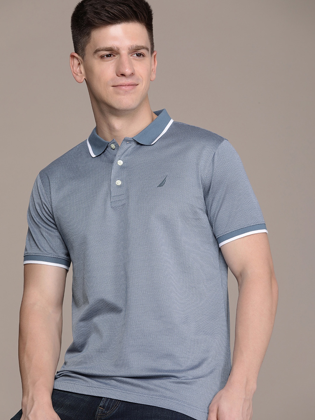 

Nautica Polo Collar Self Design Pure Cotton T-shirt, Grey