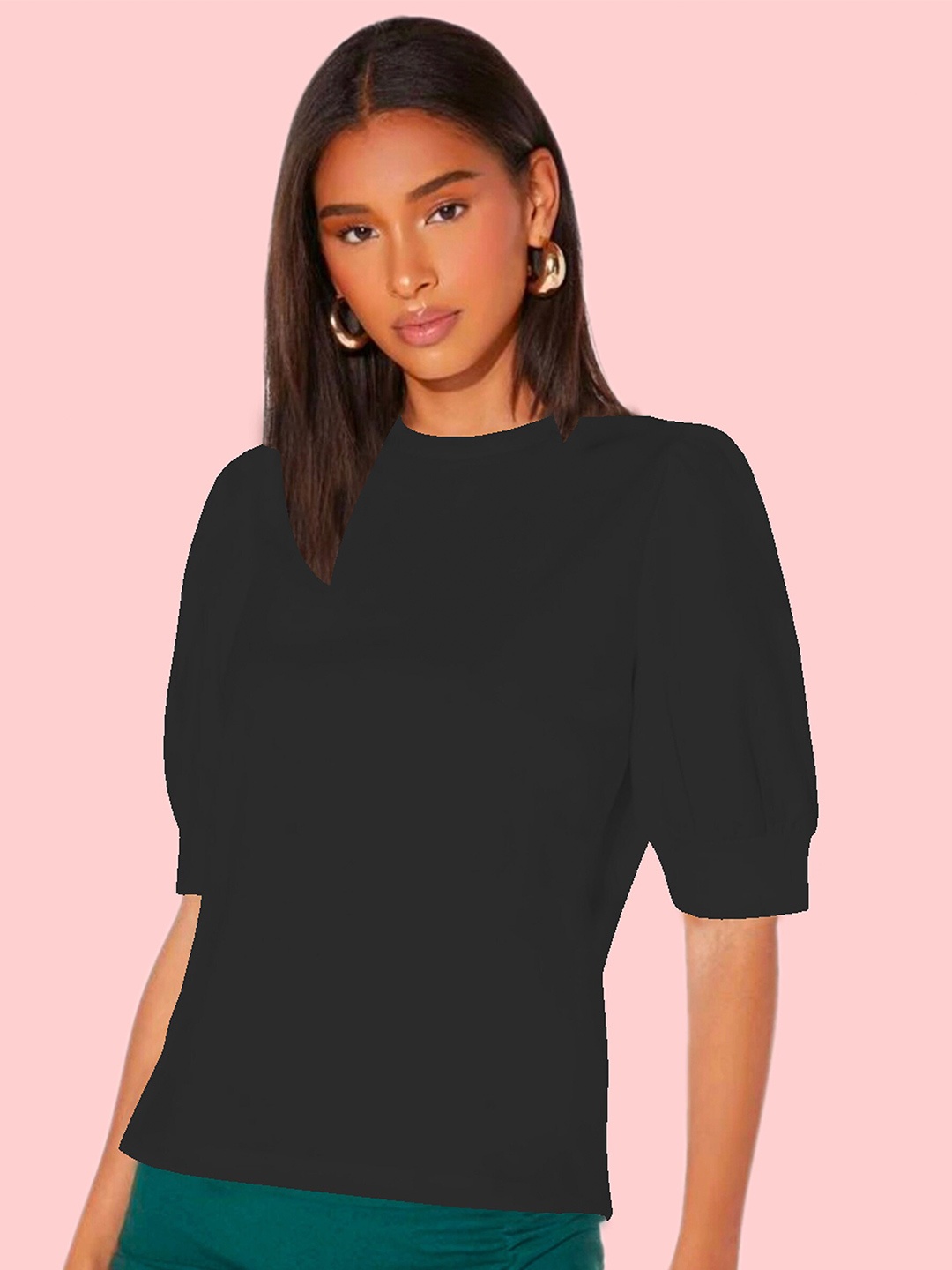

Dream Beauty Fashion Puff Sleeves Round Neck Top, Black