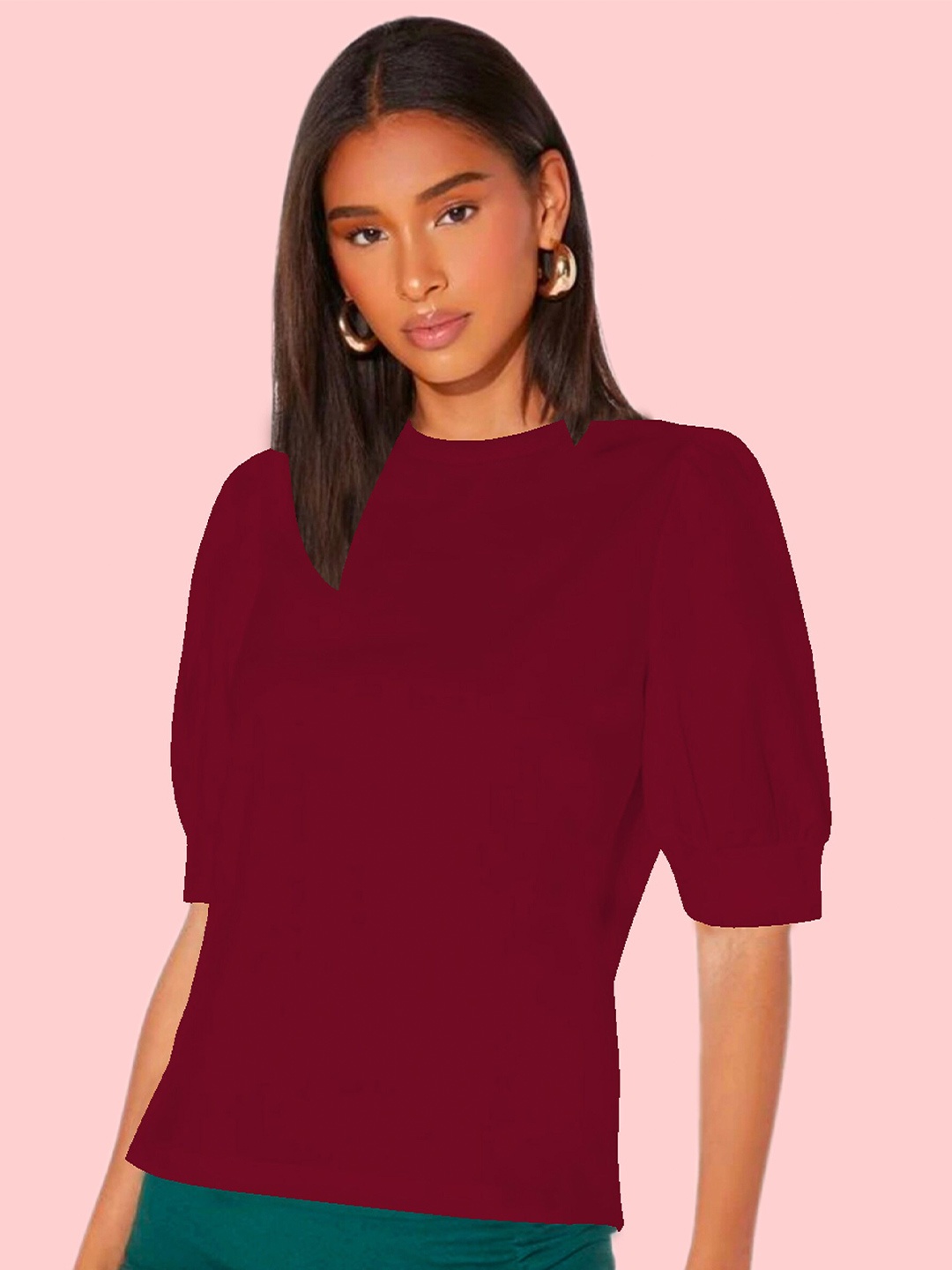 

Dream Beauty Fashion Puff Sleeves Round Neck Top, Maroon