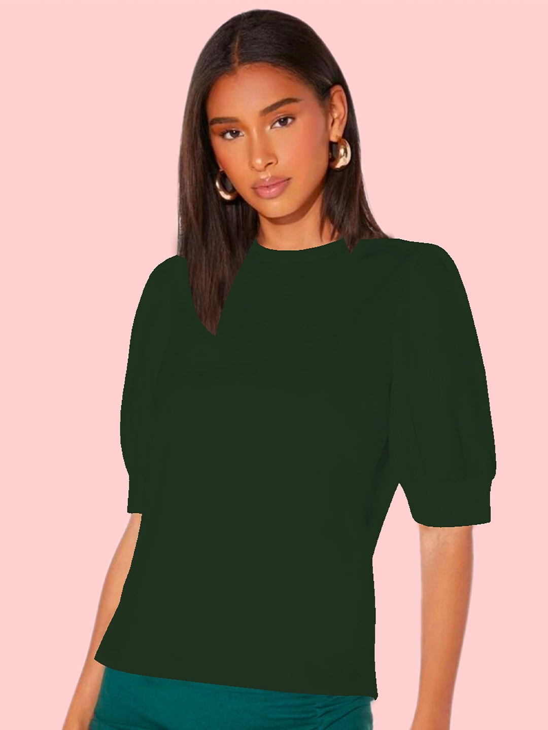 

Dream Beauty Fashion Puff Sleeves Round Neck Top, Green