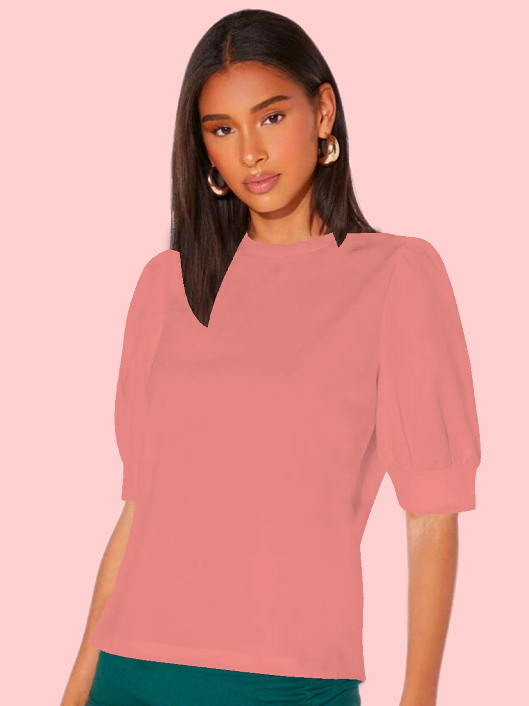 

Dream Beauty Fashion Puff Sleeves Round Neck Top, Peach