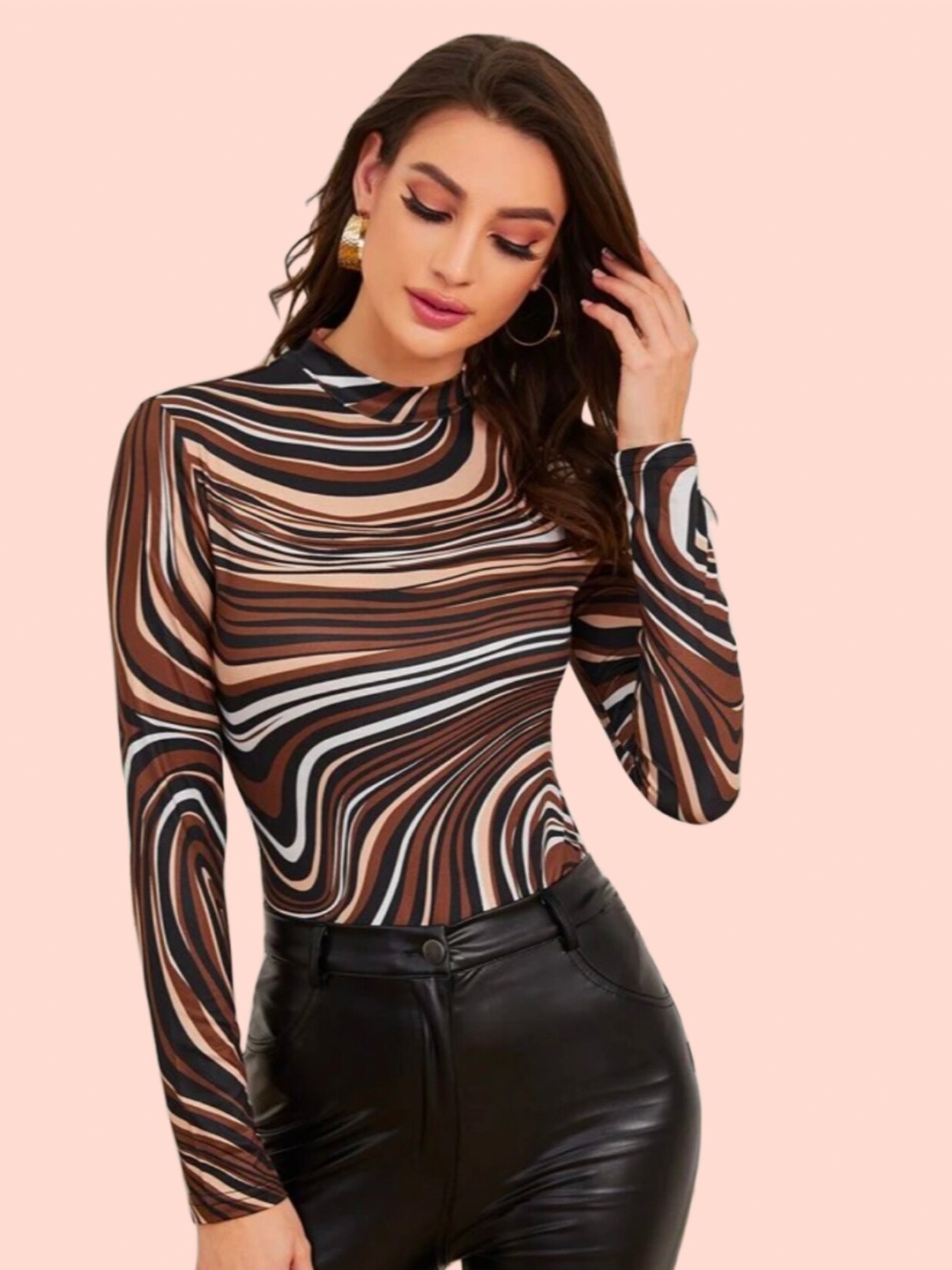 

Dream Beauty Fashion Fitted Abstract Striped Top, Brown