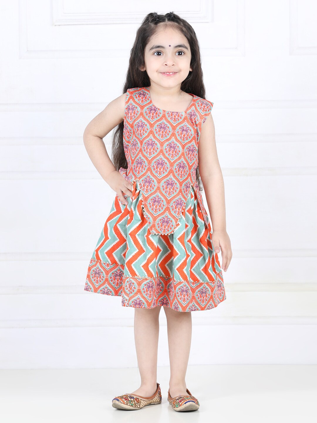 

Kinder Kids Ethnic Motifs Layered Ethnic A-Line Cotton Dress, Orange
