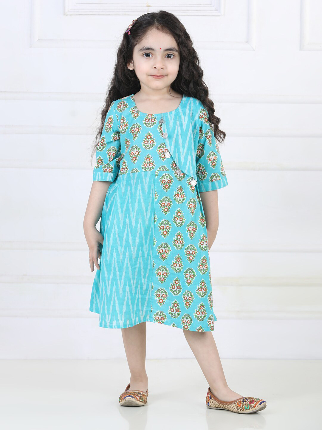 

Kinder Kids Floral Ethnic A-Line Cotton Dress, Blue