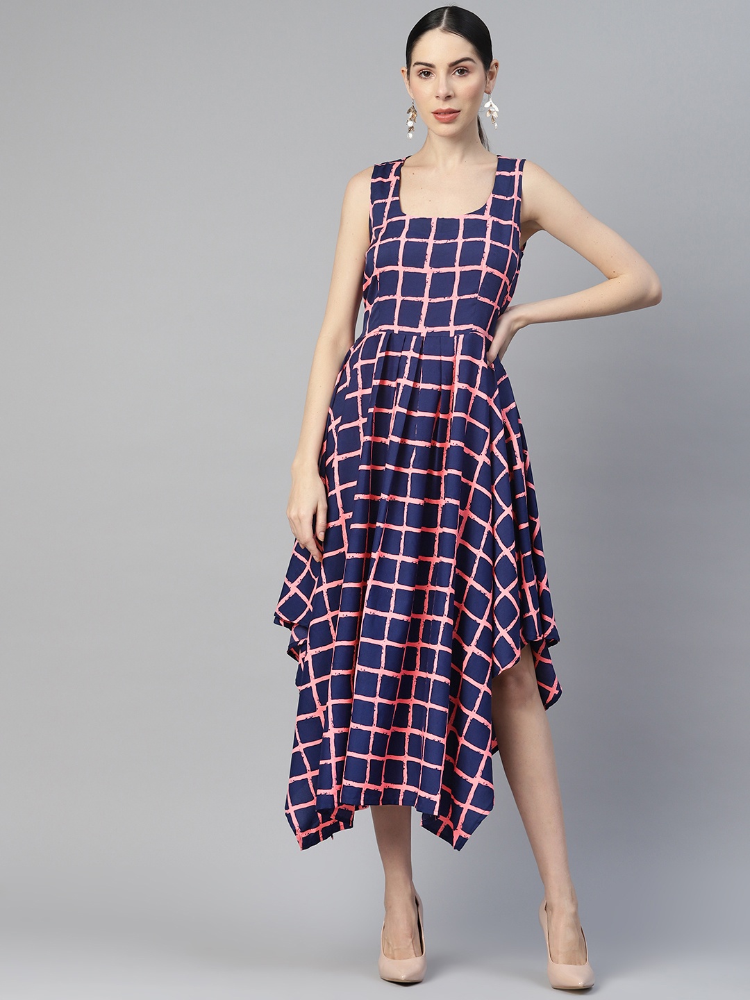 

MBE Checked Crepe A-Line Midi Dress, Pink