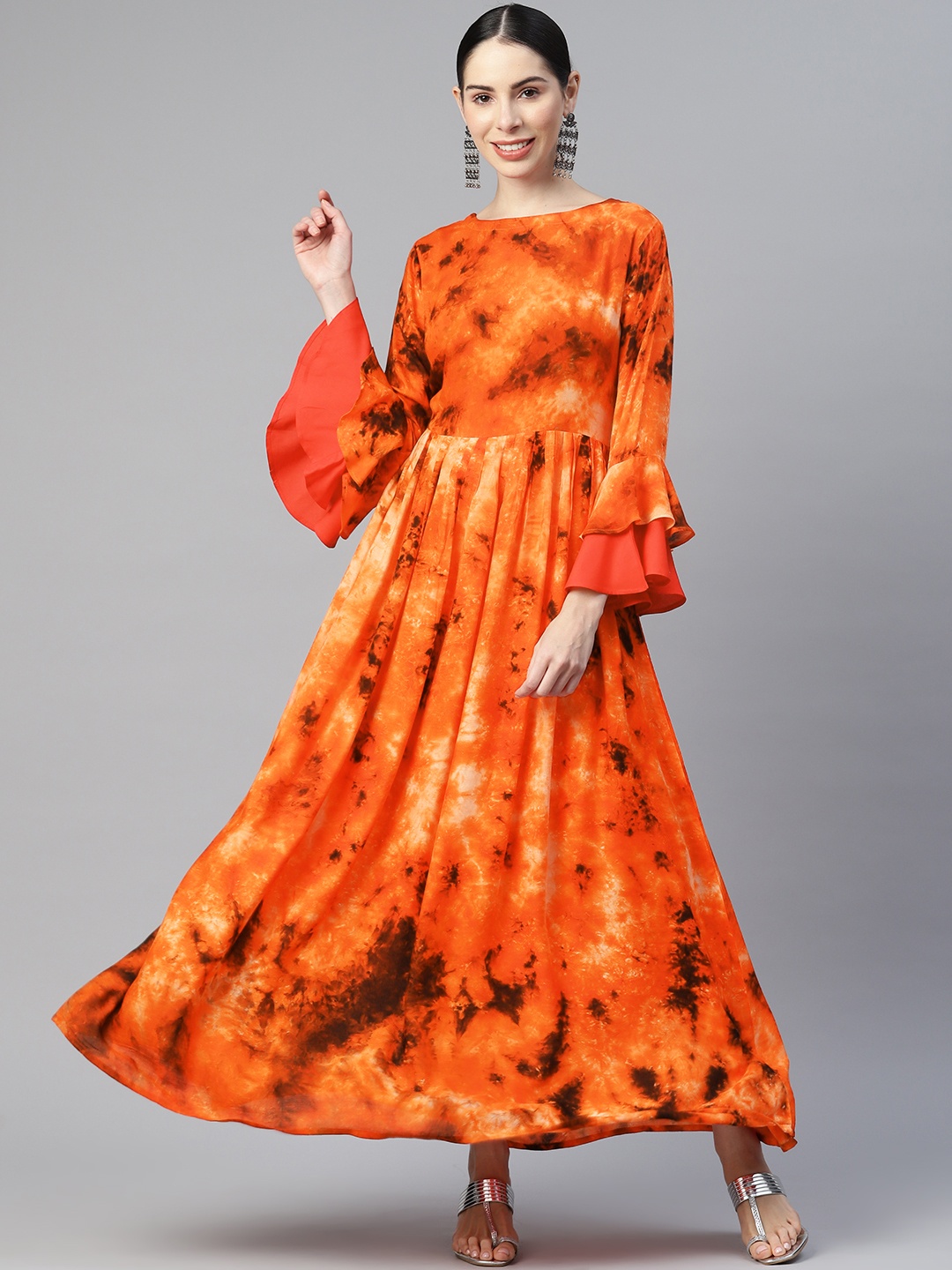 

MBE Tie and Dyed Ethnic Maxi Ethnic Dress, Orange