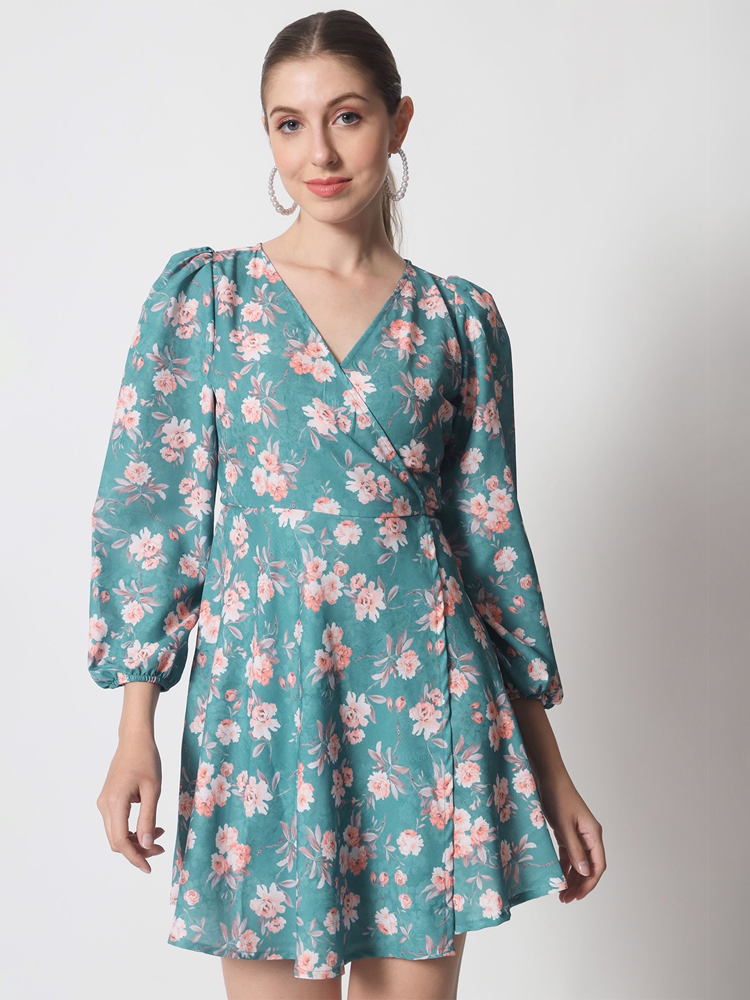 Shopping Queen Floral Printed V-Neck Fit & Flare Dress, Green