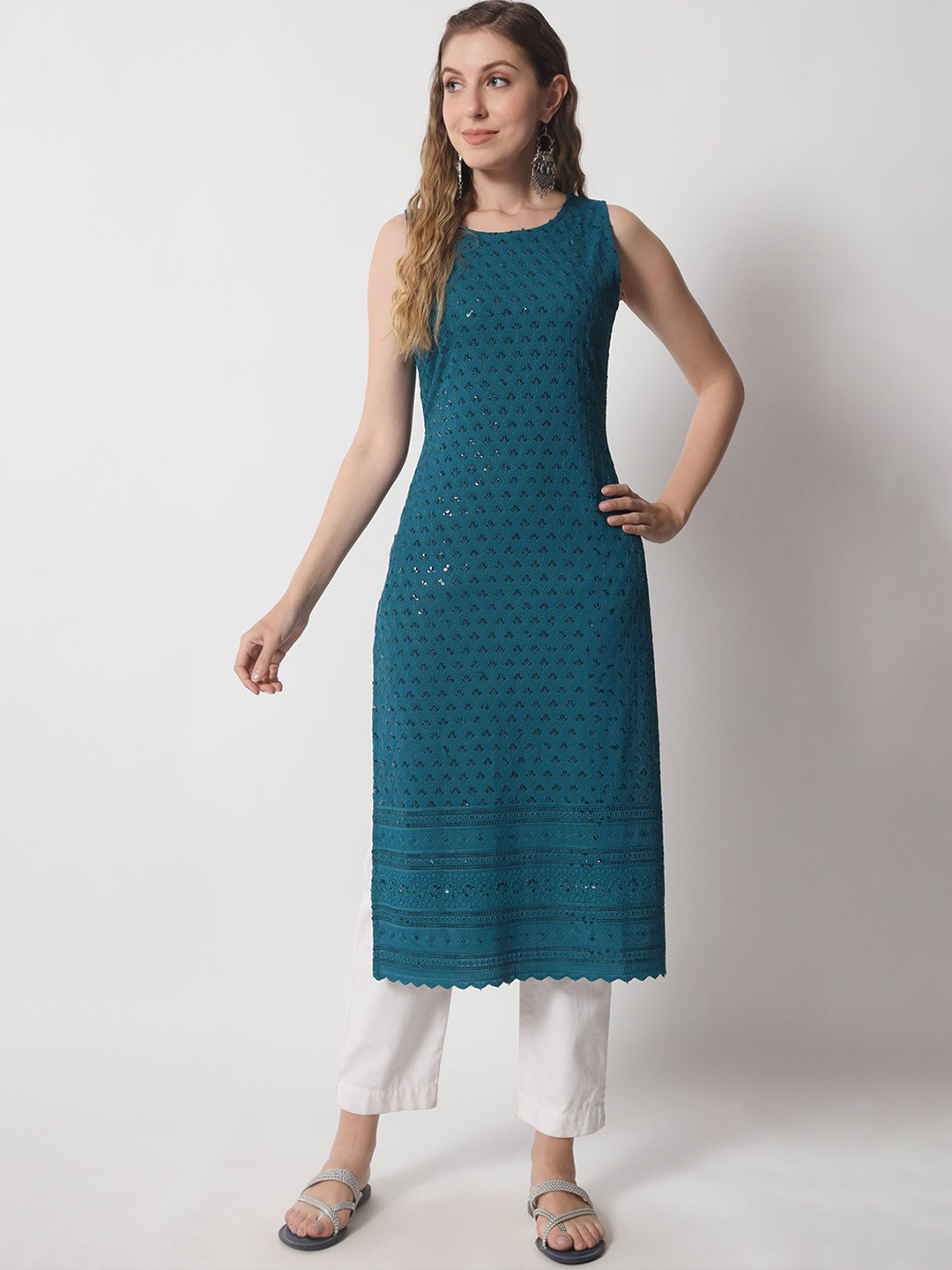 

Shopping Queen Women Geometric Embellished Kurta, Turquoise blue