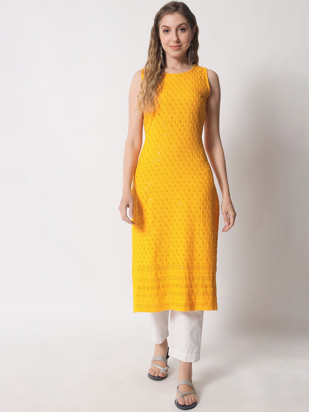 

Shopping Queen Women Geometric Embroidered Sequence Kurta, Yellow