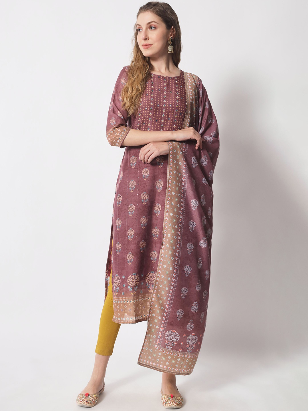 

Shopping Queen Women Brown Ethnic Motifs Printed Kurta with Trousers & With Dupatta