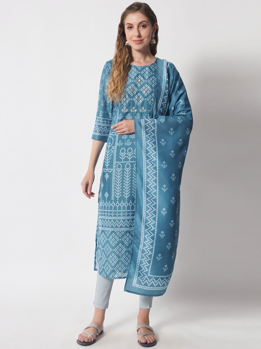 

Shopping Queen Bandhani Printed Kurta with Trousers & With Dupatta, Blue