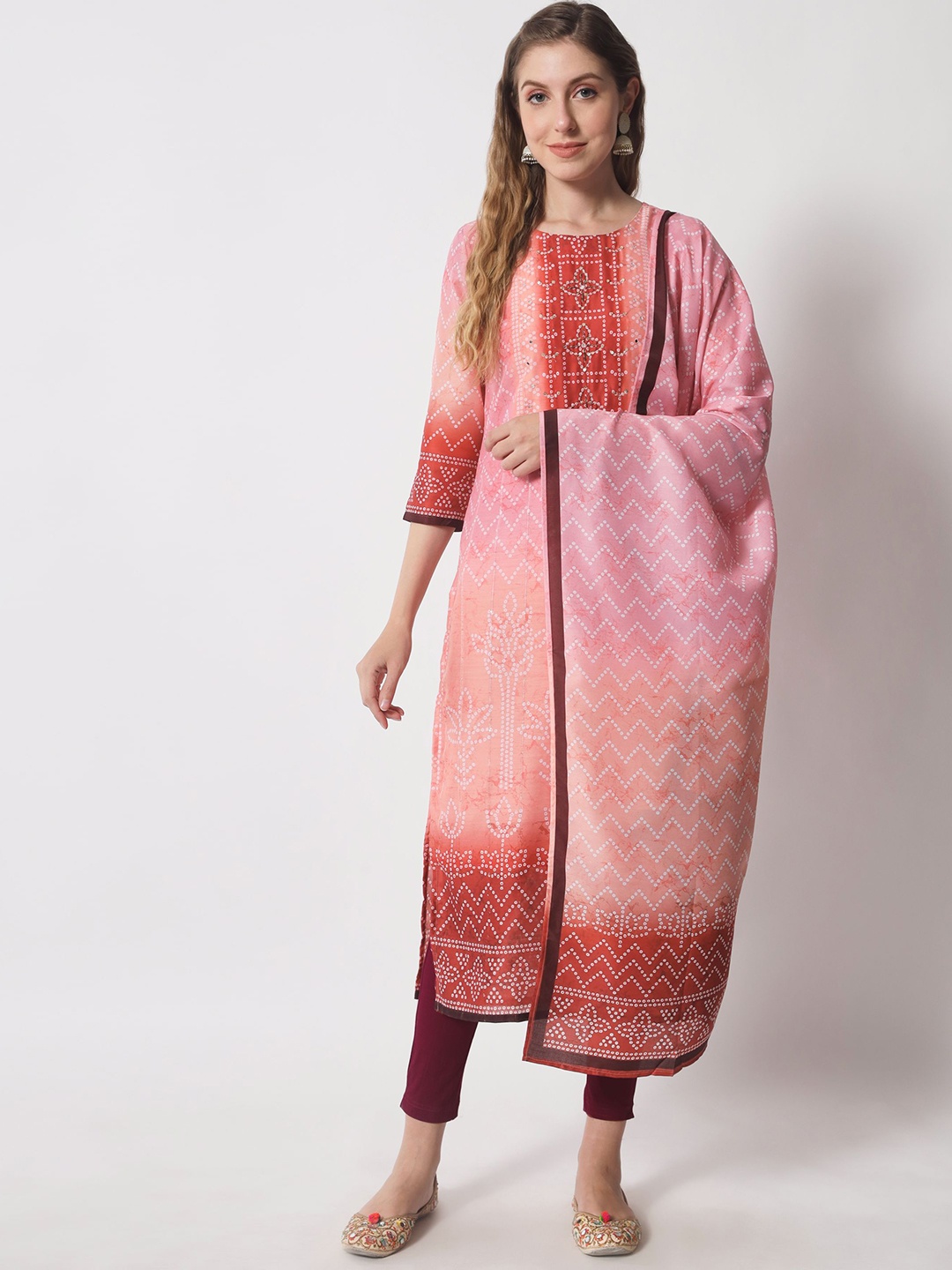 

Shopping Queen Women Bandhani Printed Beads And Stones Kurta With Trousers & Dupatta, Pink