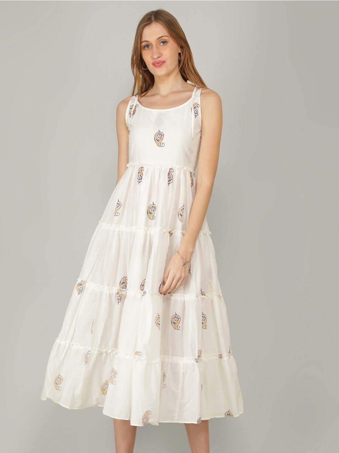 

NAVIYATA Ethnic Motifs Midi Cotton Dress, Off white