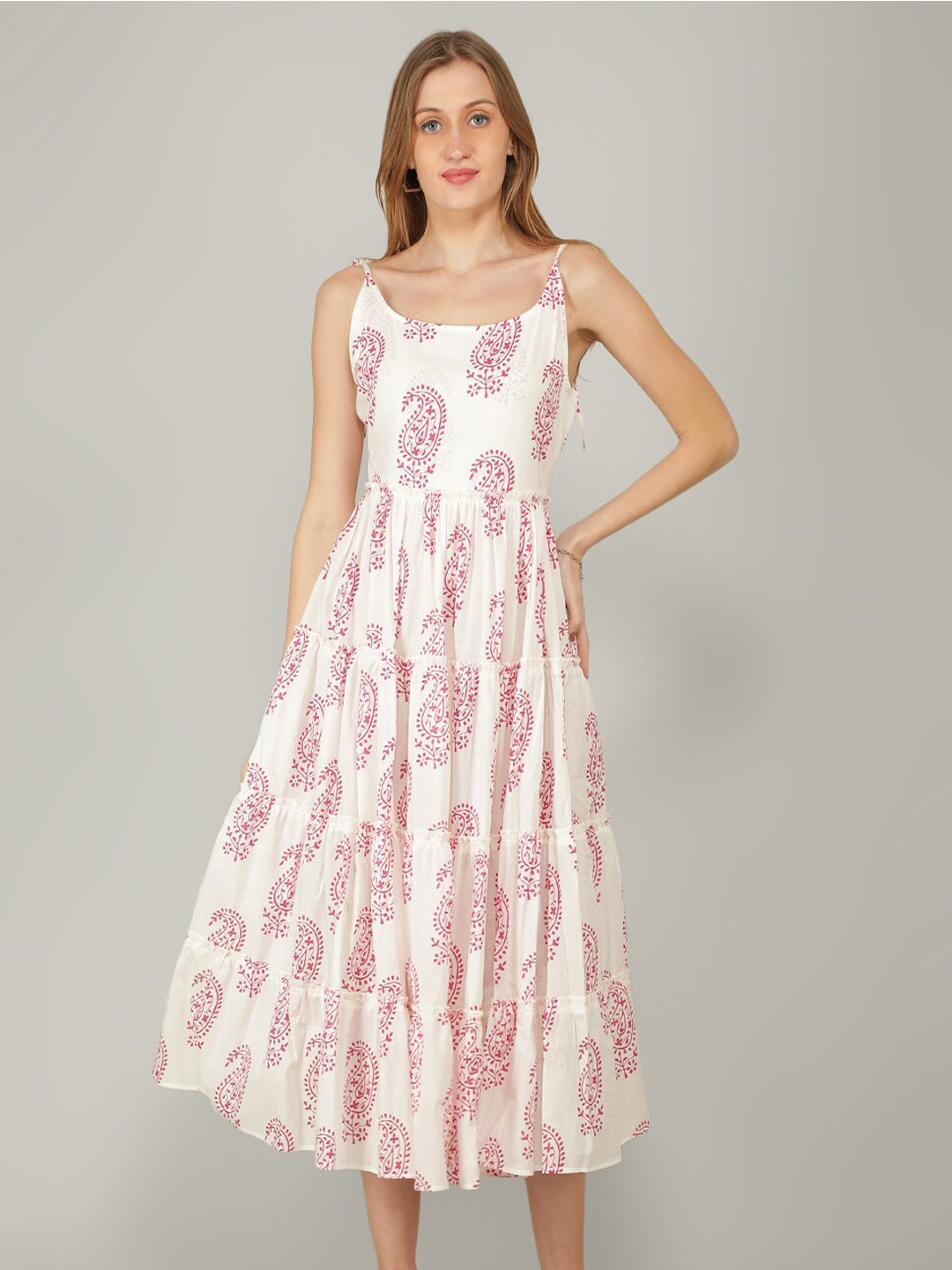 

NAVIYATA Ethnic Motifs Midi Cotton Dress, Off white